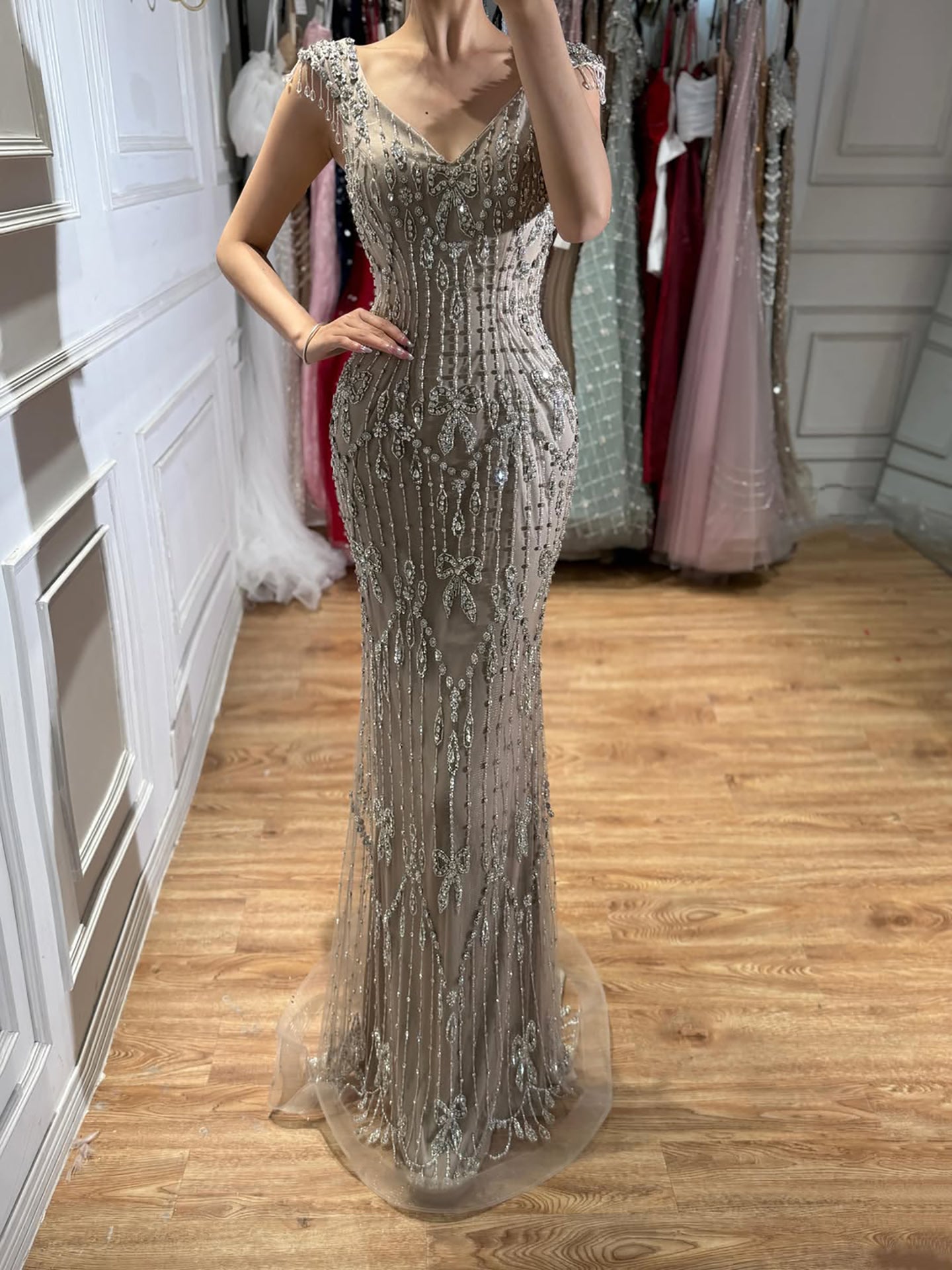 Luxury Pink Crystal Beaded Mermaid Deep V Evening Dress LA73696 SERENE HILL