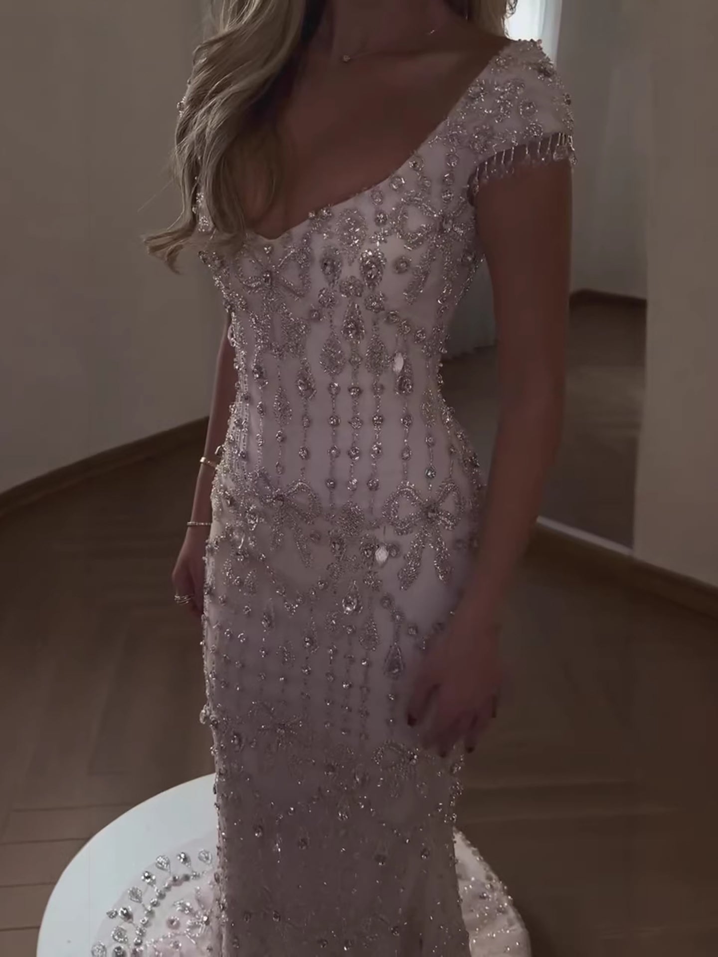 Luxury Pink Crystal Beaded Mermaid Deep V Evening Dress LA73696