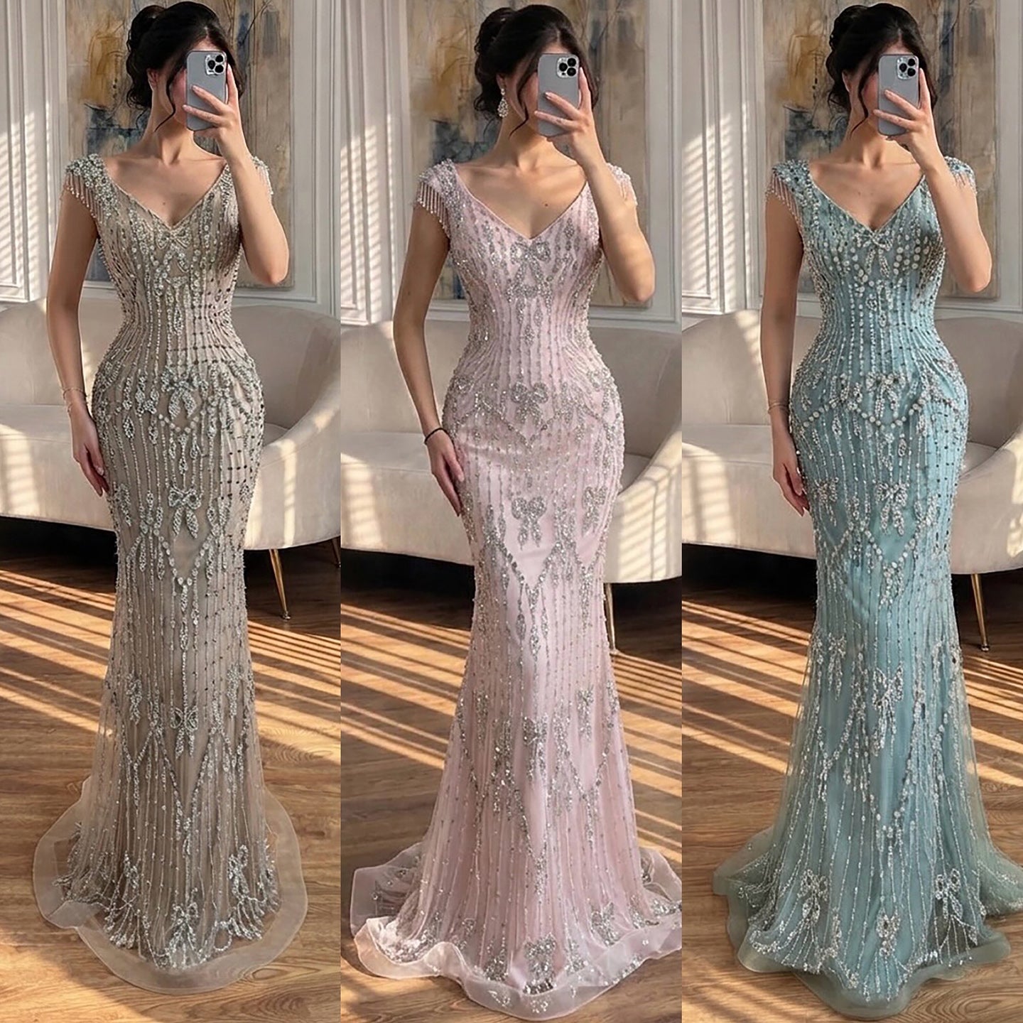 Luxury Pink Crystal Beaded Mermaid Deep V Evening Dress LA73696 SERENE HILL