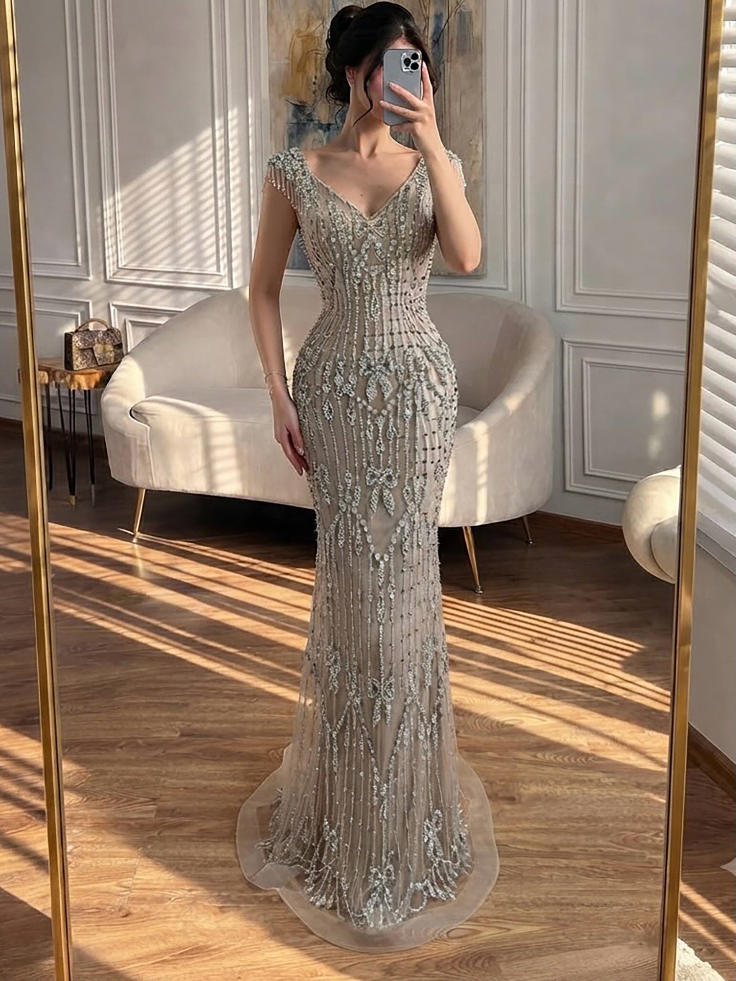 Luxury Pink Crystal Beaded Mermaid Deep V Evening Dress LA73696 SERENE HILL