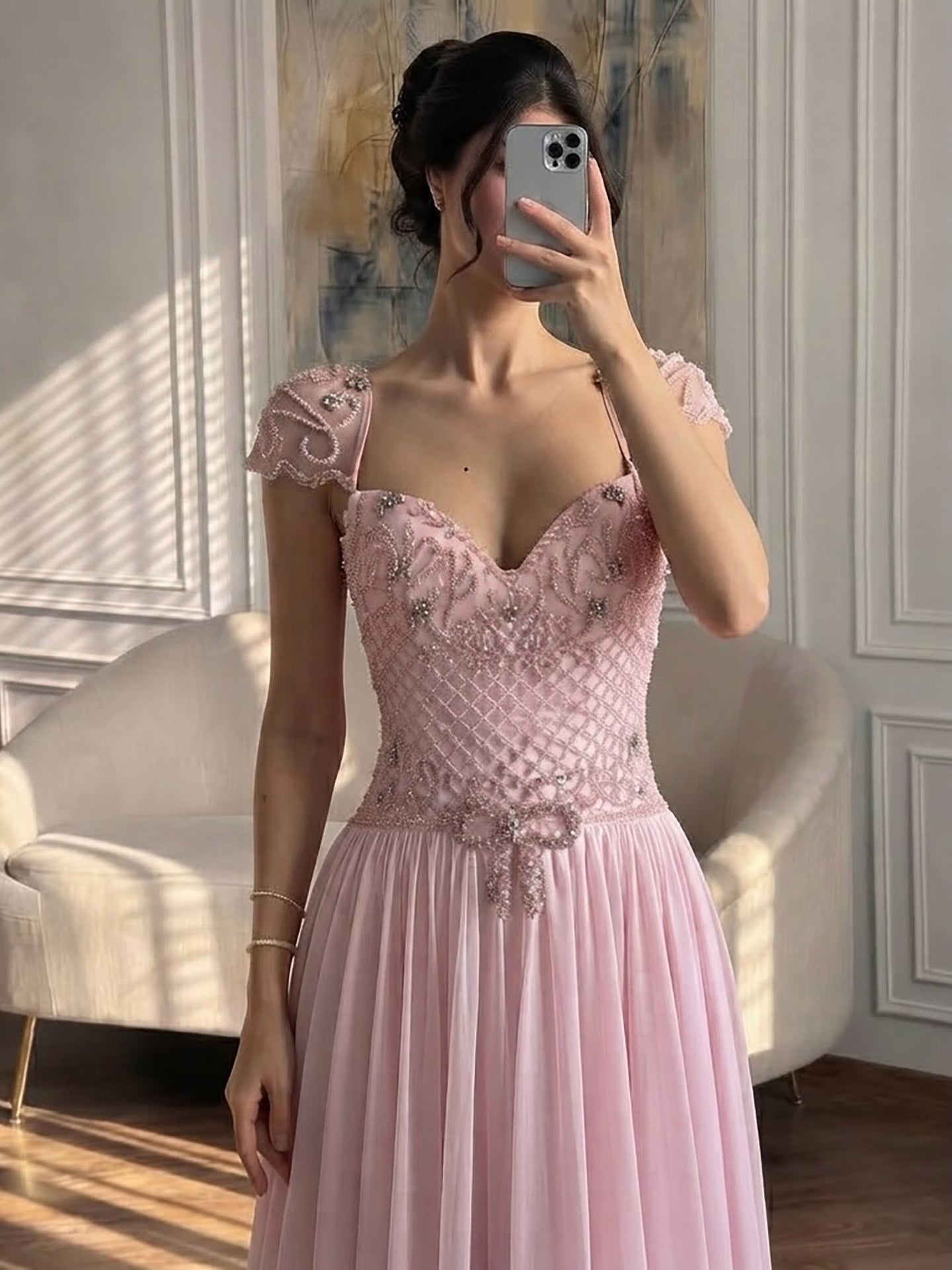 Elegant Caramel Beaded Chiffon A Line Sweetheart Evening Dress LA73698 SERENE HILL