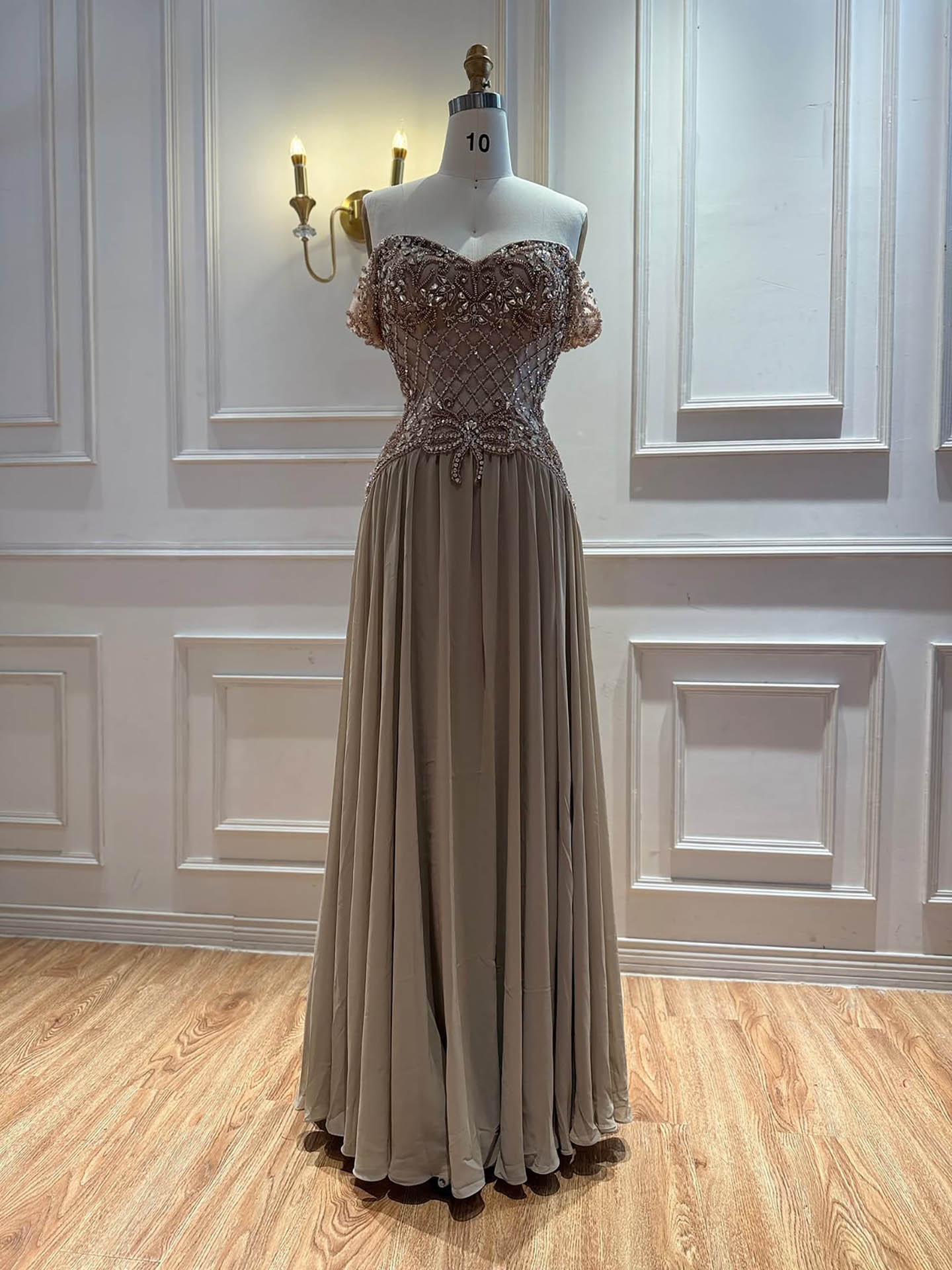 Luxury Pink Beaded Chiffon Off Shoulder A Line Evening Dress LA73698A