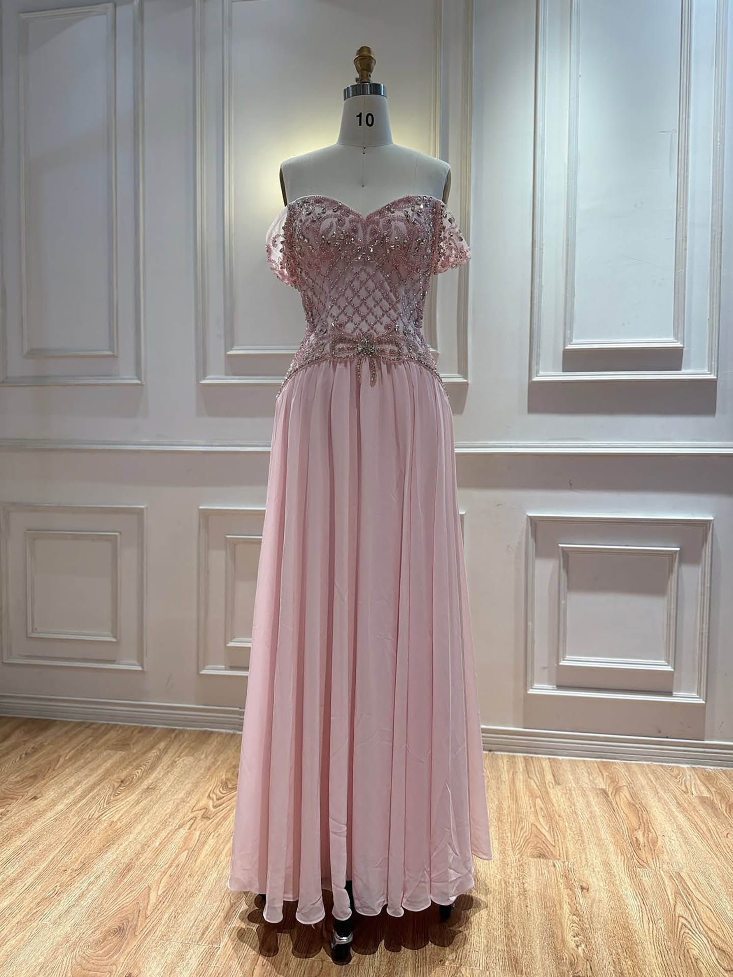 Luxury Pink Beaded Chiffon Off Shoulder A Line Evening Dress LA73698A
