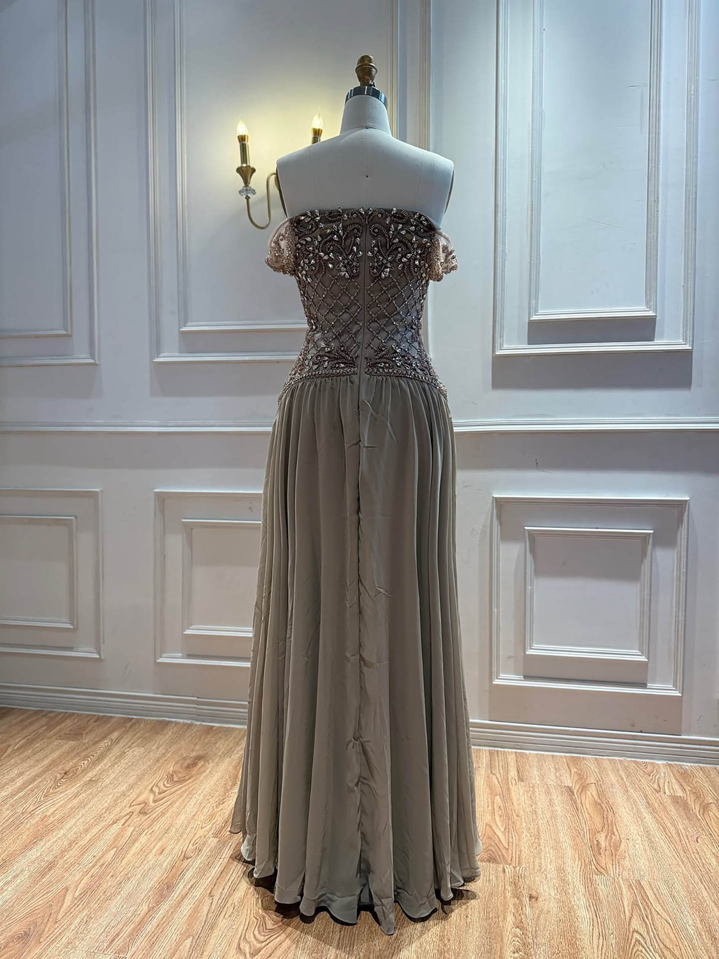 Luxury Pink Beaded Chiffon Off Shoulder A Line Evening Dress LA73698A