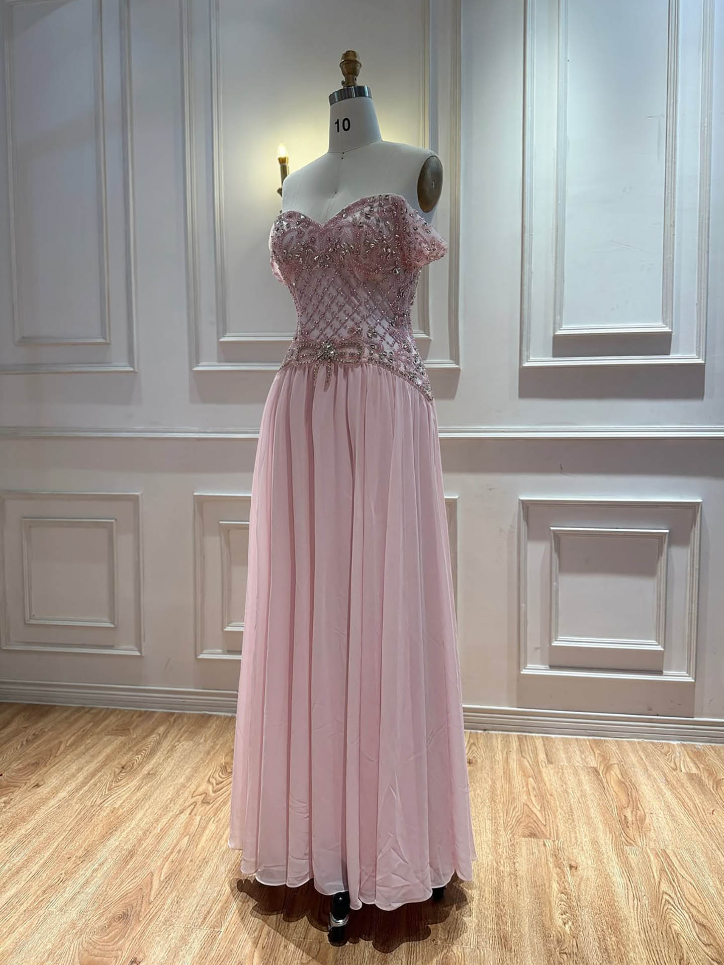 Luxury Pink Beaded Chiffon Off Shoulder A Line Evening Dress LA73698A