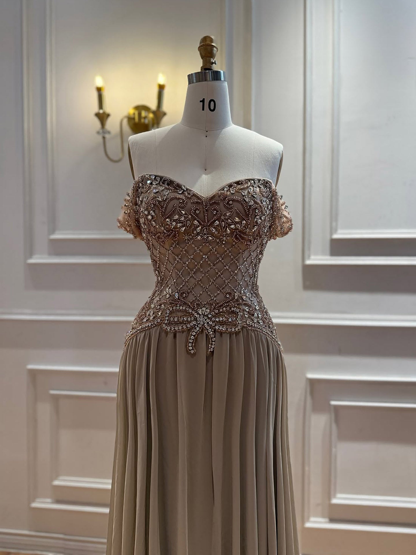 Luxury Pink Beaded Chiffon Off Shoulder A Line Evening Dress LA73698A
