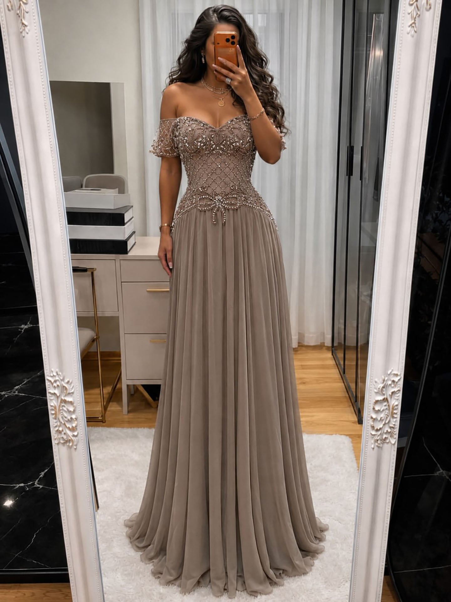 Luxury Pink Beaded Chiffon Off Shoulder A Line Evening Dress LA73698A