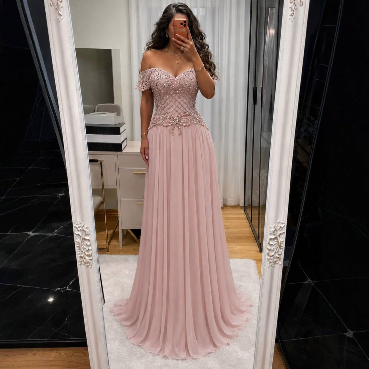 Luxury Pink Beaded Chiffon Off Shoulder A Line Evening Dress LA73698A