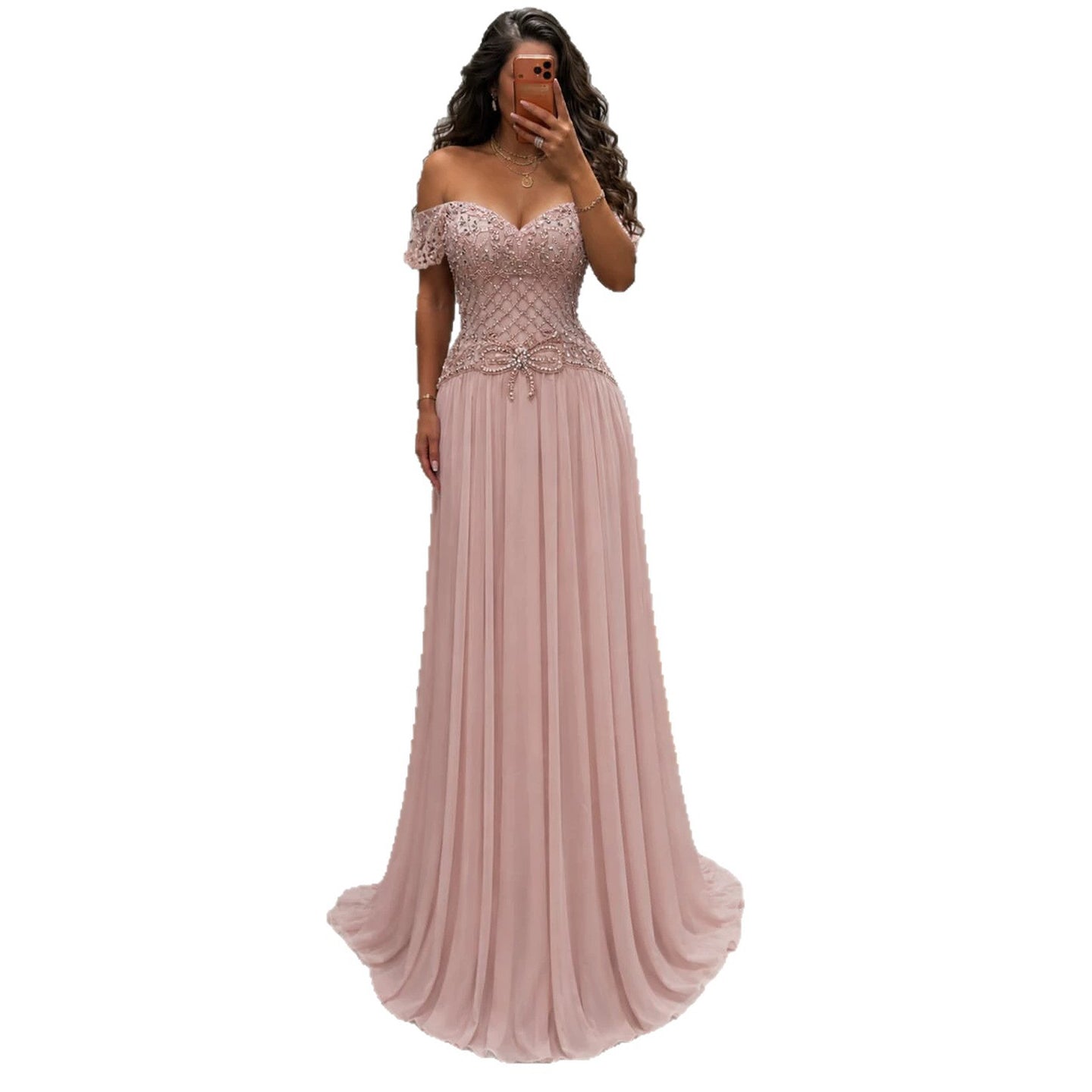 Luxury Pink Beaded Chiffon Off Shoulder A Line Evening Dress LA73698A