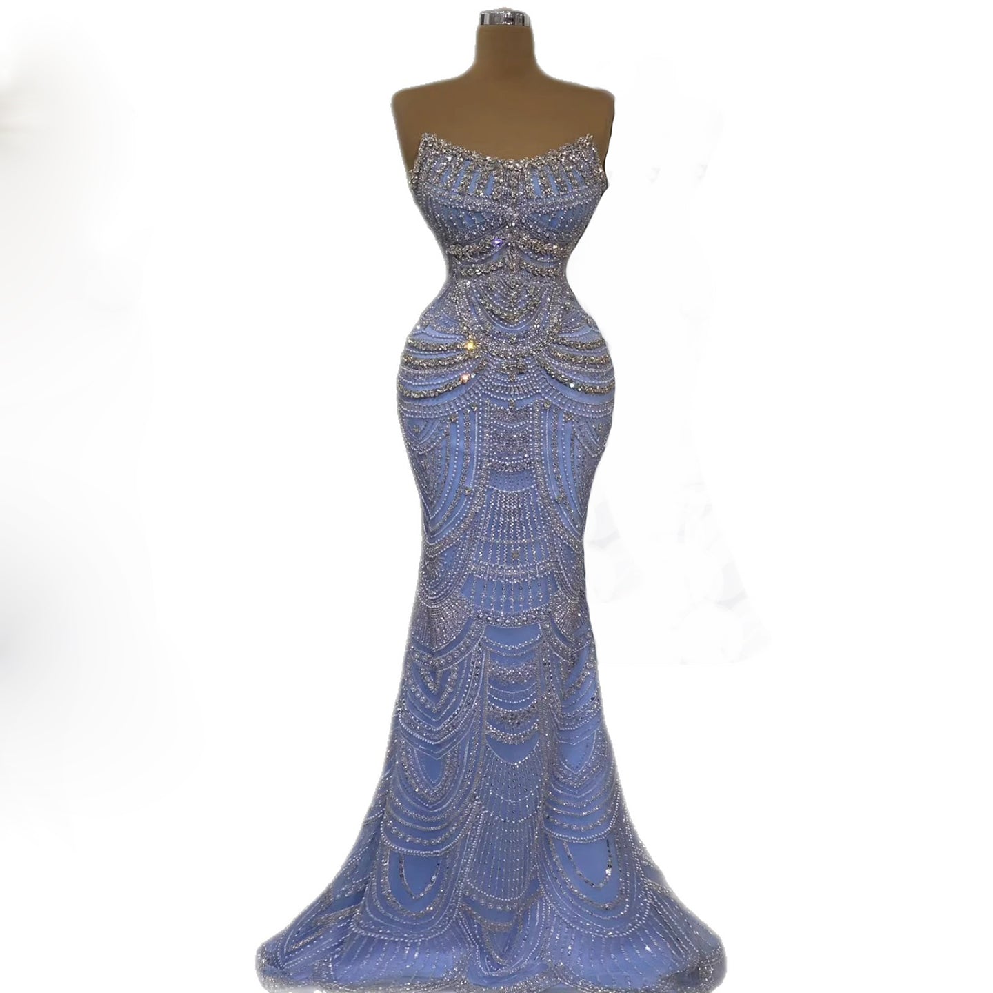Luxury Blue Strapless Crystal Beaded Mermaid Evening Dress LA73701