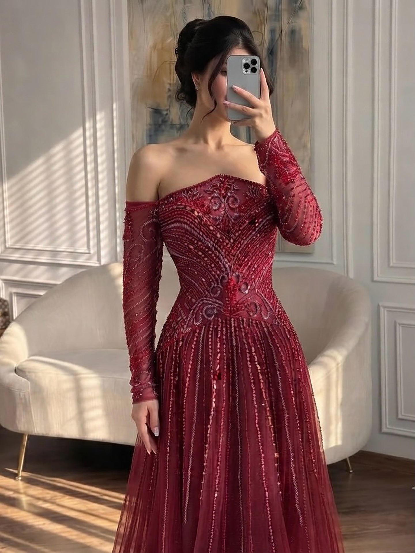 Luxury Wine Red Beaded Off Shoulder Long Sleeve Evening Dress LA73707 SERENE HILL