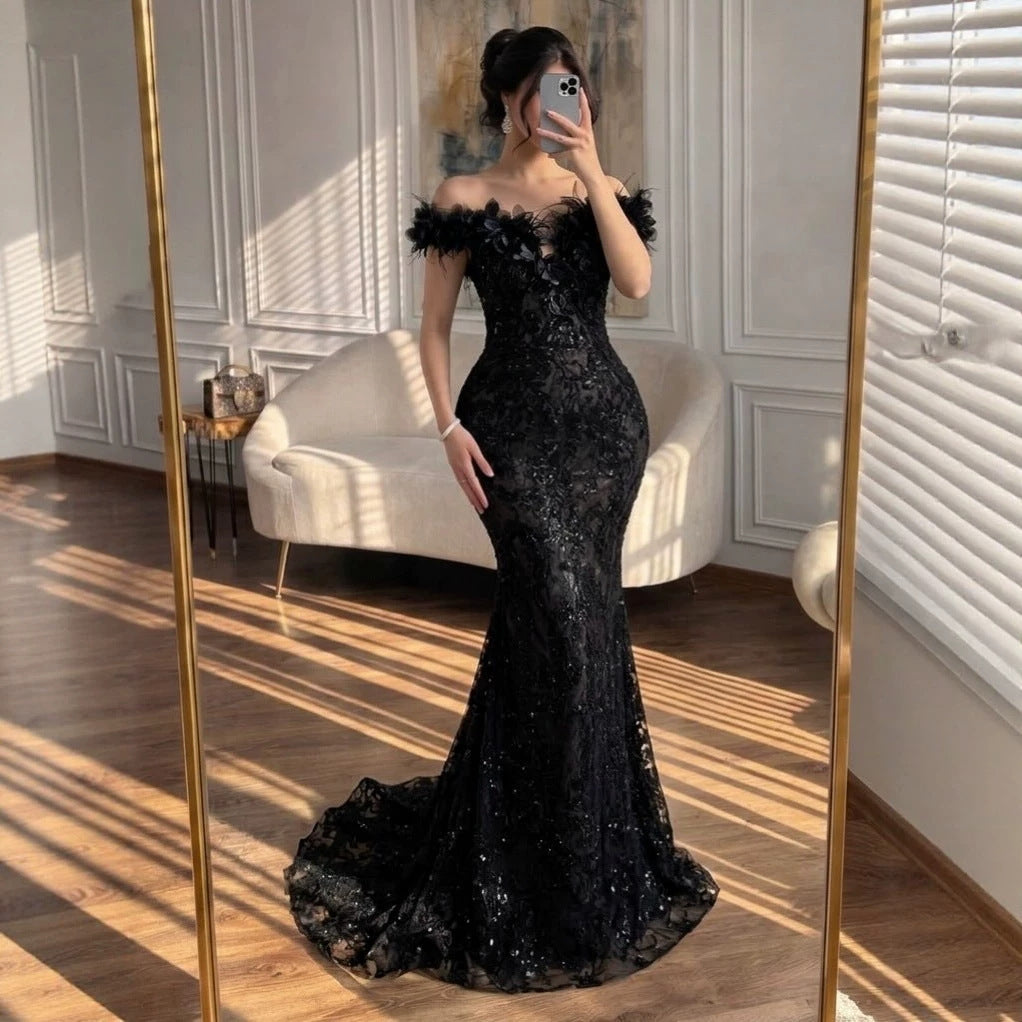 black off the shoulder feather dress Luxury Floral Beaded Mermaid Evening LA73708 Black / 8 Formal galas 1850s and 1860s Evening rhinestone embellished dress Size:3-6M（70CM）