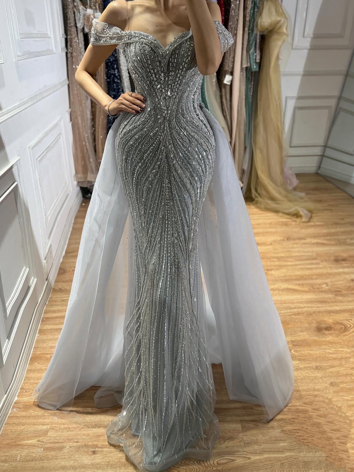 Luxury Nude Off Shoulder Crystal Beaded Mermaid Dress LA73710A SERENE HILL