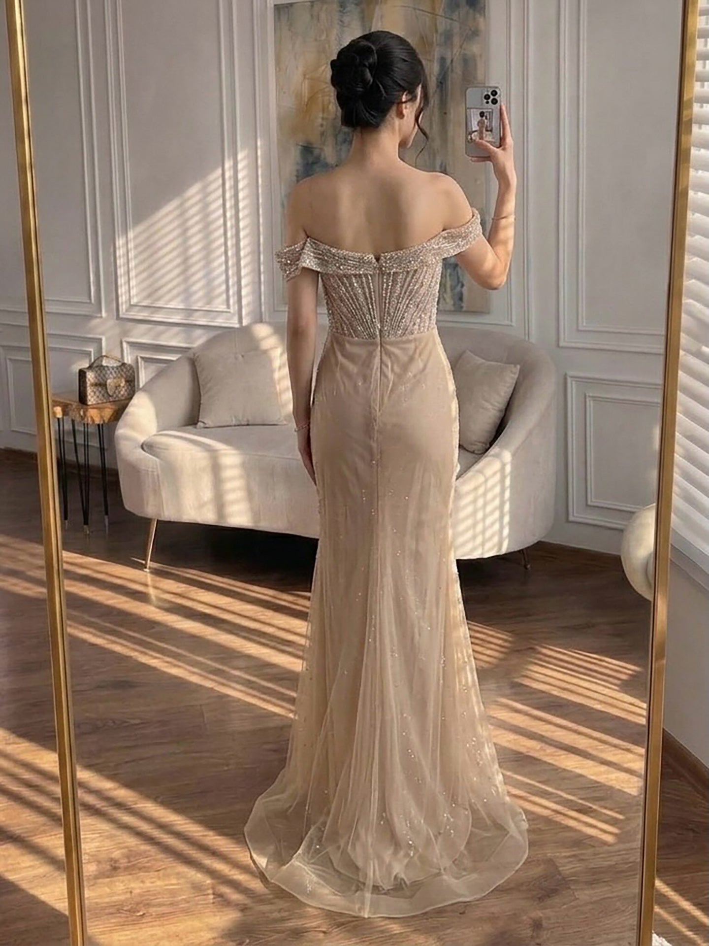Luxury Nude Off Shoulder Crystal Beaded Mermaid Dress LA73710A SERENE HILL