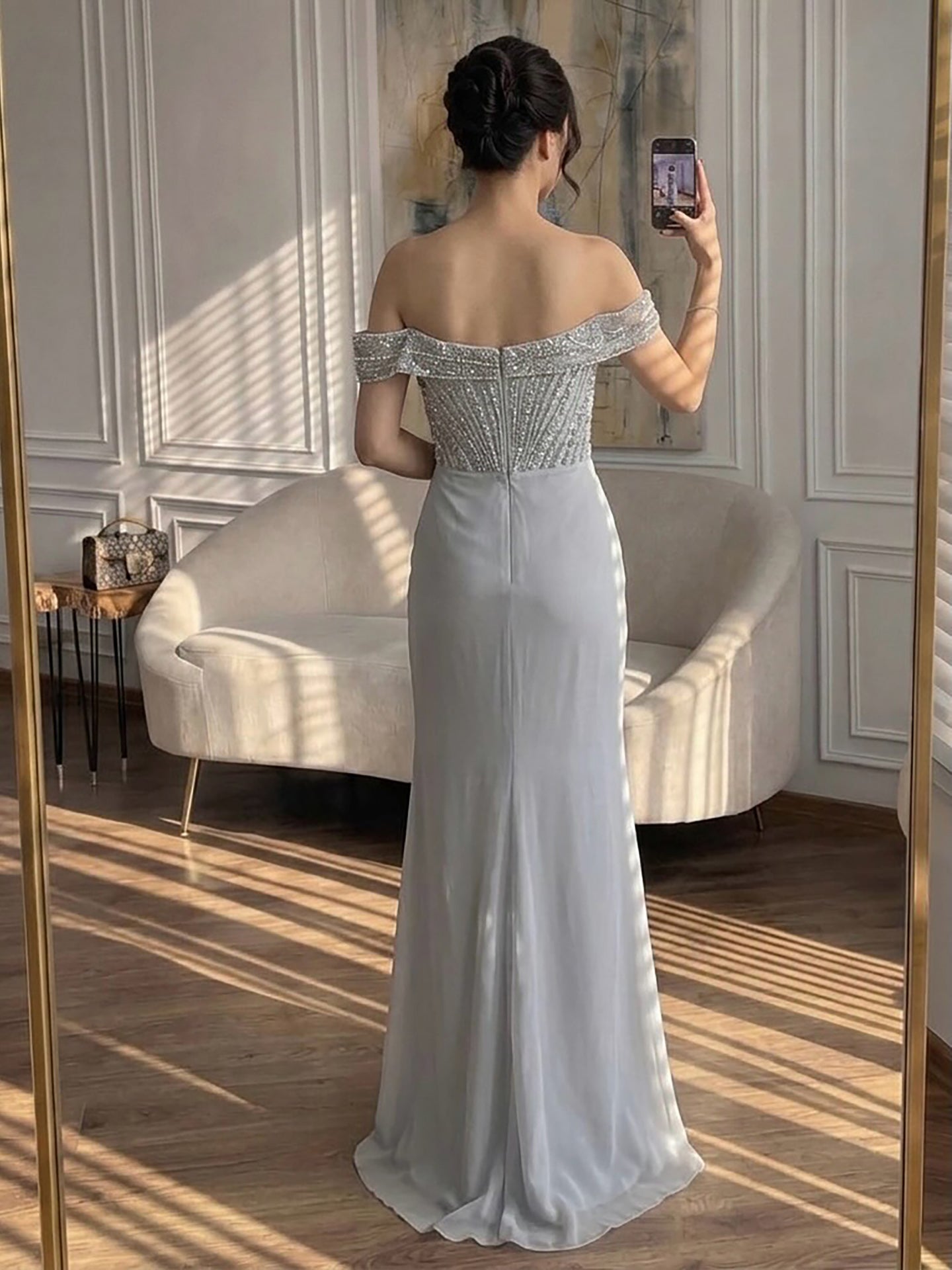 Luxury Nude Off Shoulder Crystal Beaded Mermaid Dress LA73710A SERENE HILL