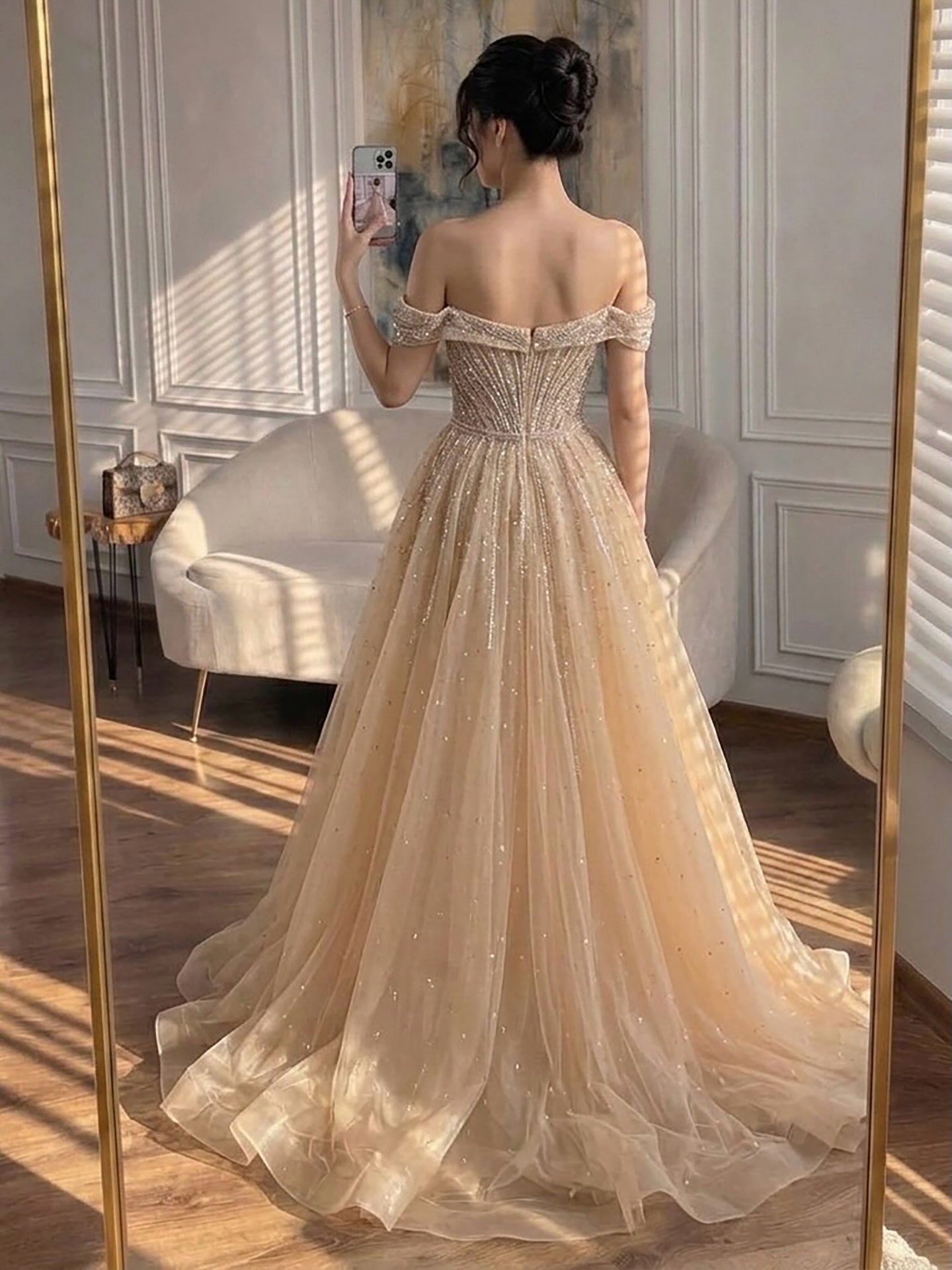 Luxury Nude Off Shoulder Crystal Beaded Mermaid Dress LA73710A SERENE HILL