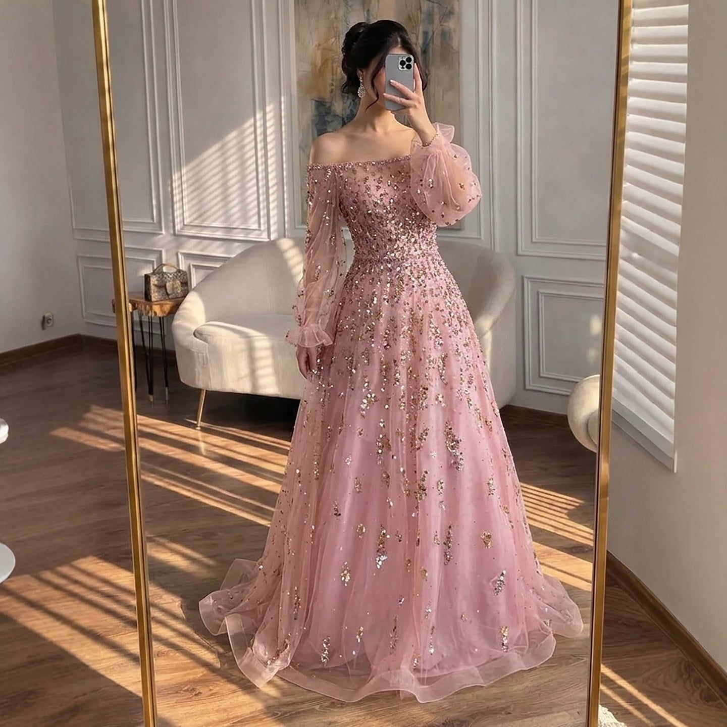 Luxury Pink Sequin Off Shoulder Tulle A Line Evening Dress LA73711 Pink / 12