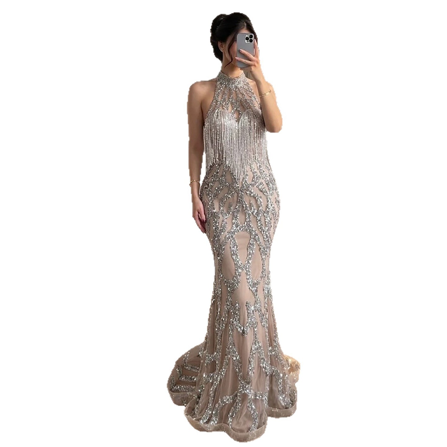 Luxury Caramel Beaded Mermaid Evening Dress with Tassel LA73712