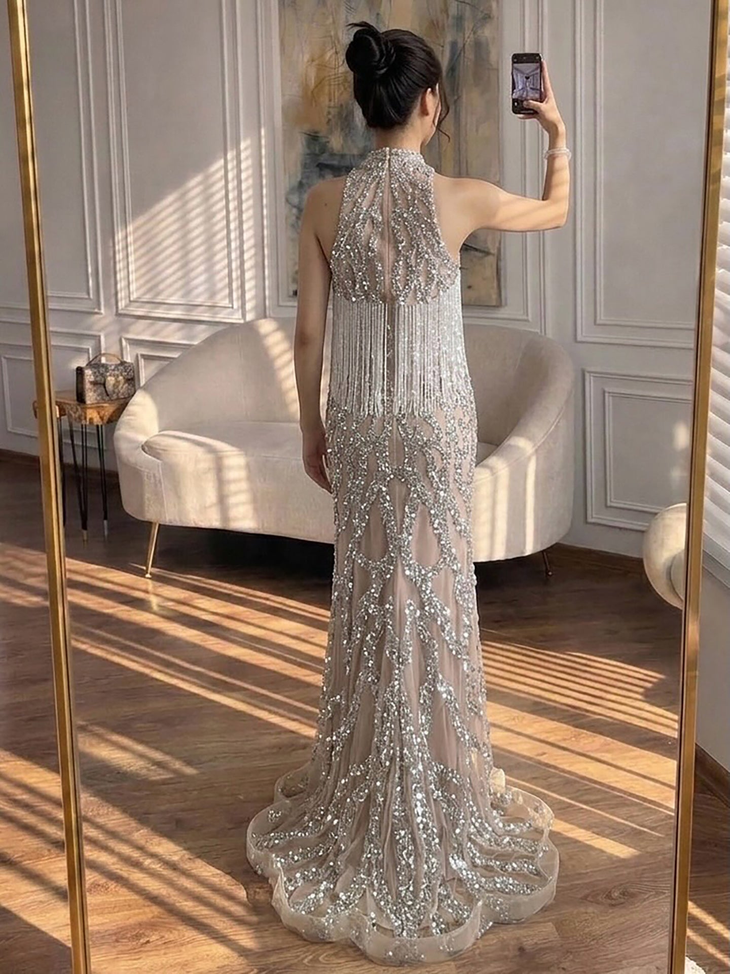 Luxury Caramel Beaded Mermaid Evening Dress with Tassel LA73712