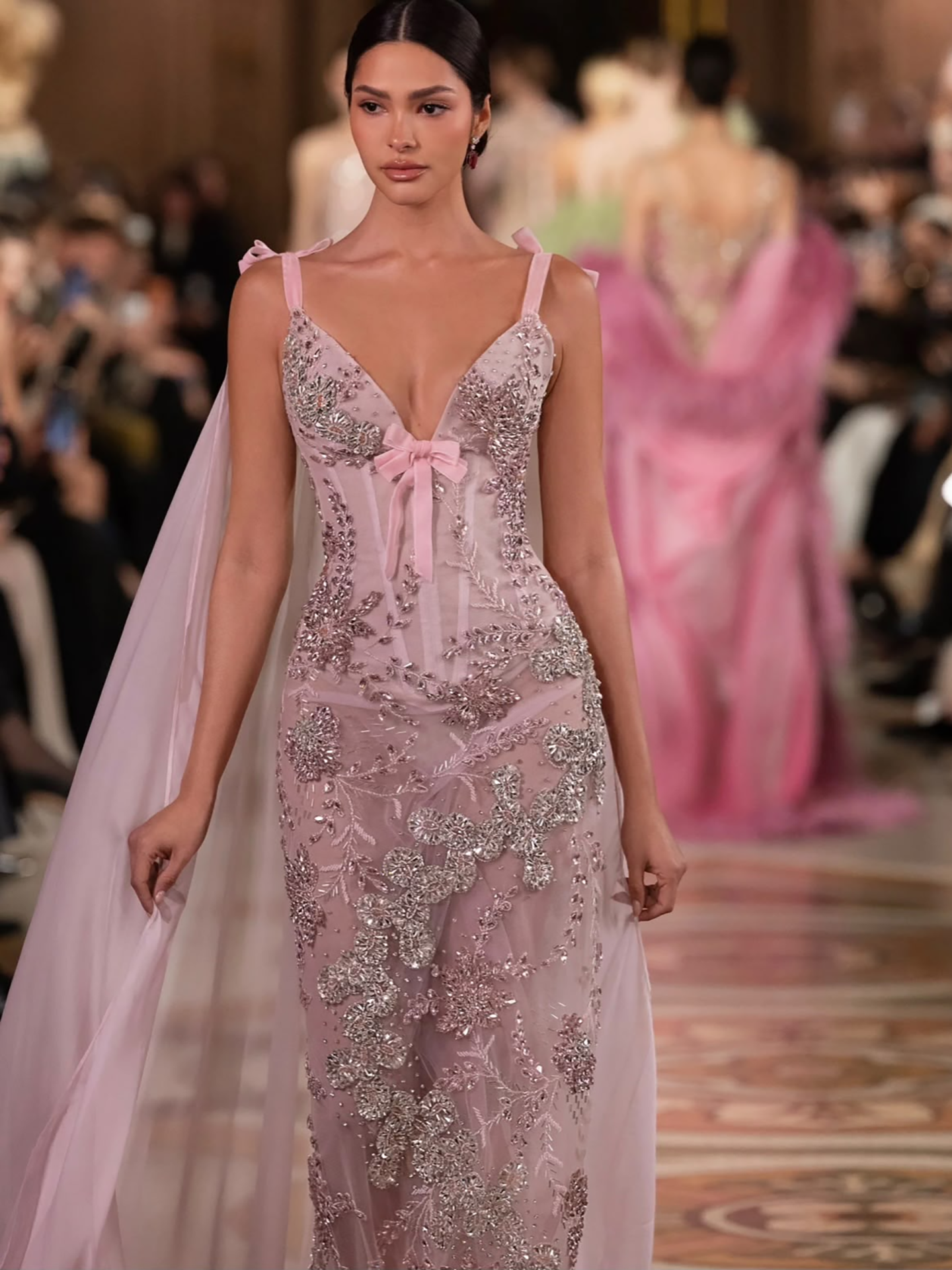 Luxury Pink V Neck Crystal Beaded Mermaid Dress with Cape LA73714 SERENE HILL