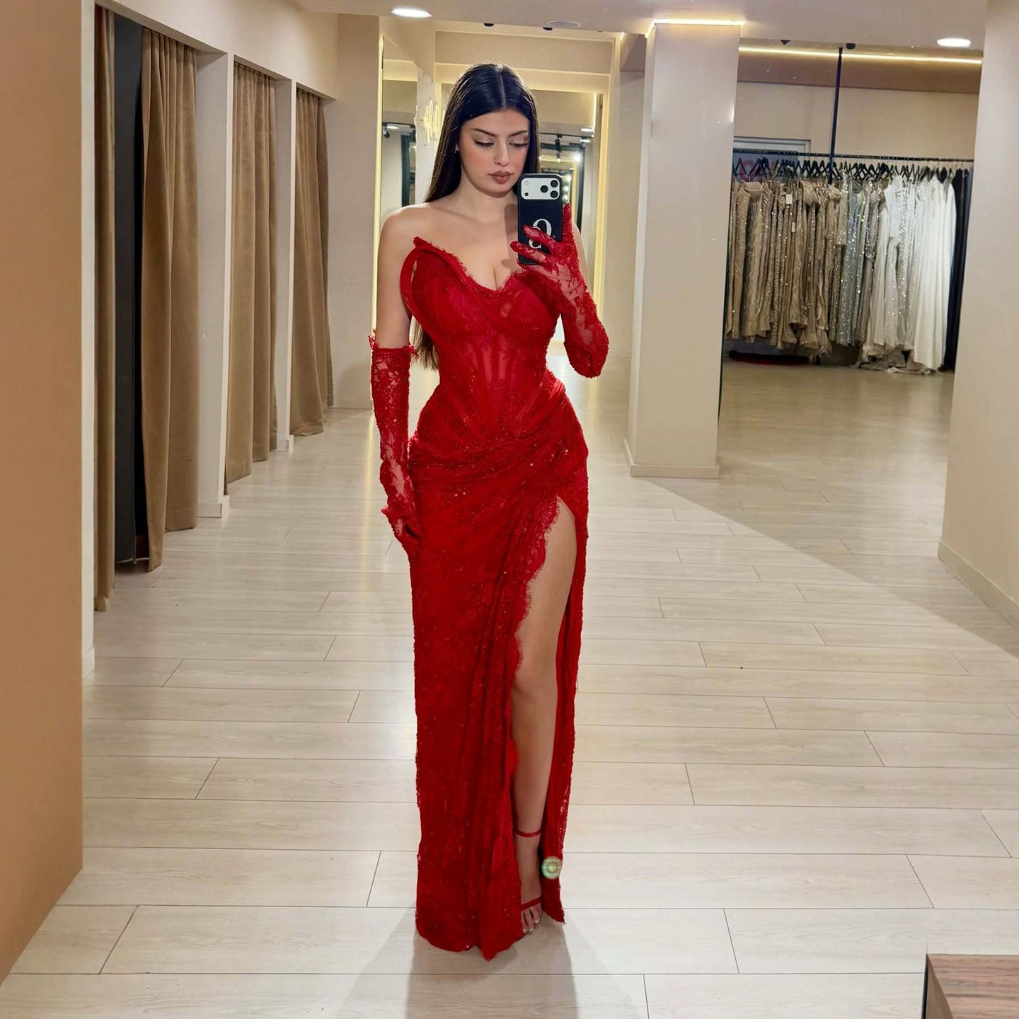 Luxury Red Lace Beaded Mermaid Evening Dress with Slit and Gloves LA73714