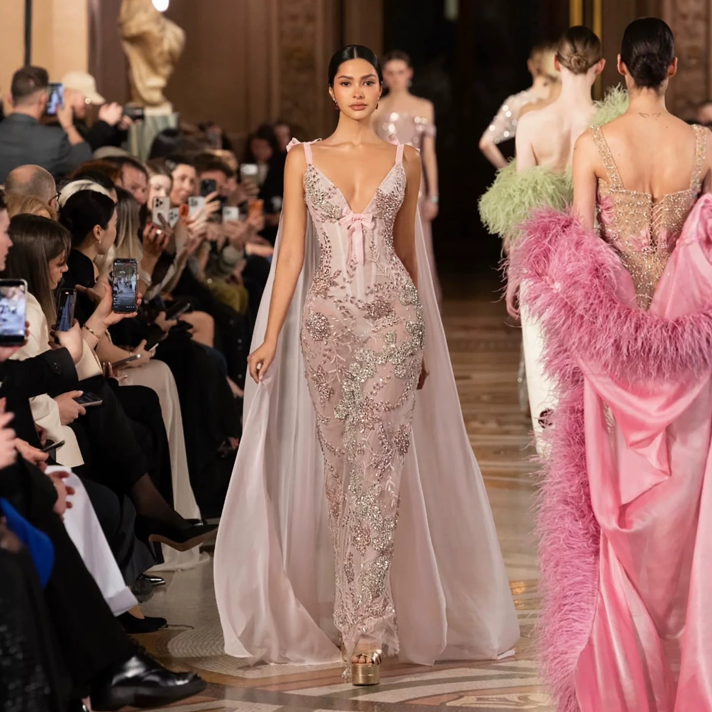 Luxury Pink V Neck Crystal Beaded Mermaid Dress with Cape LA73714 SERENE HILL