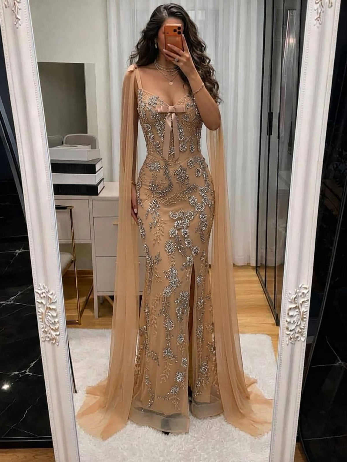 Luxury Pink V Neck Crystal Beaded Mermaid Dress with Cape LA73714