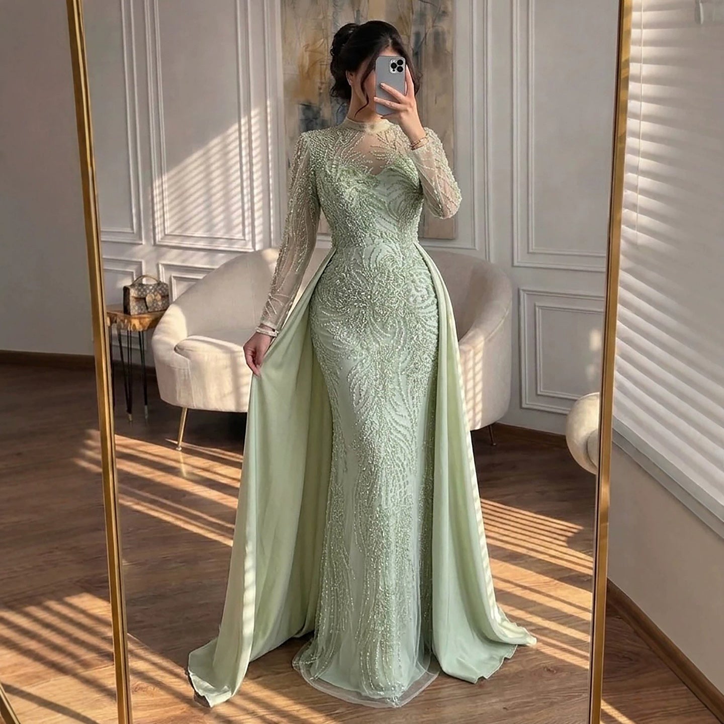 sage green mermaid dress Luxury Beaded with Overskirt LA73716 Sage Green / 8 Parent ID:ALC0114-024846M The intricate appliqued details Color:Cardamom/Ecru Polka Dot Vintage Chic Navy Blue