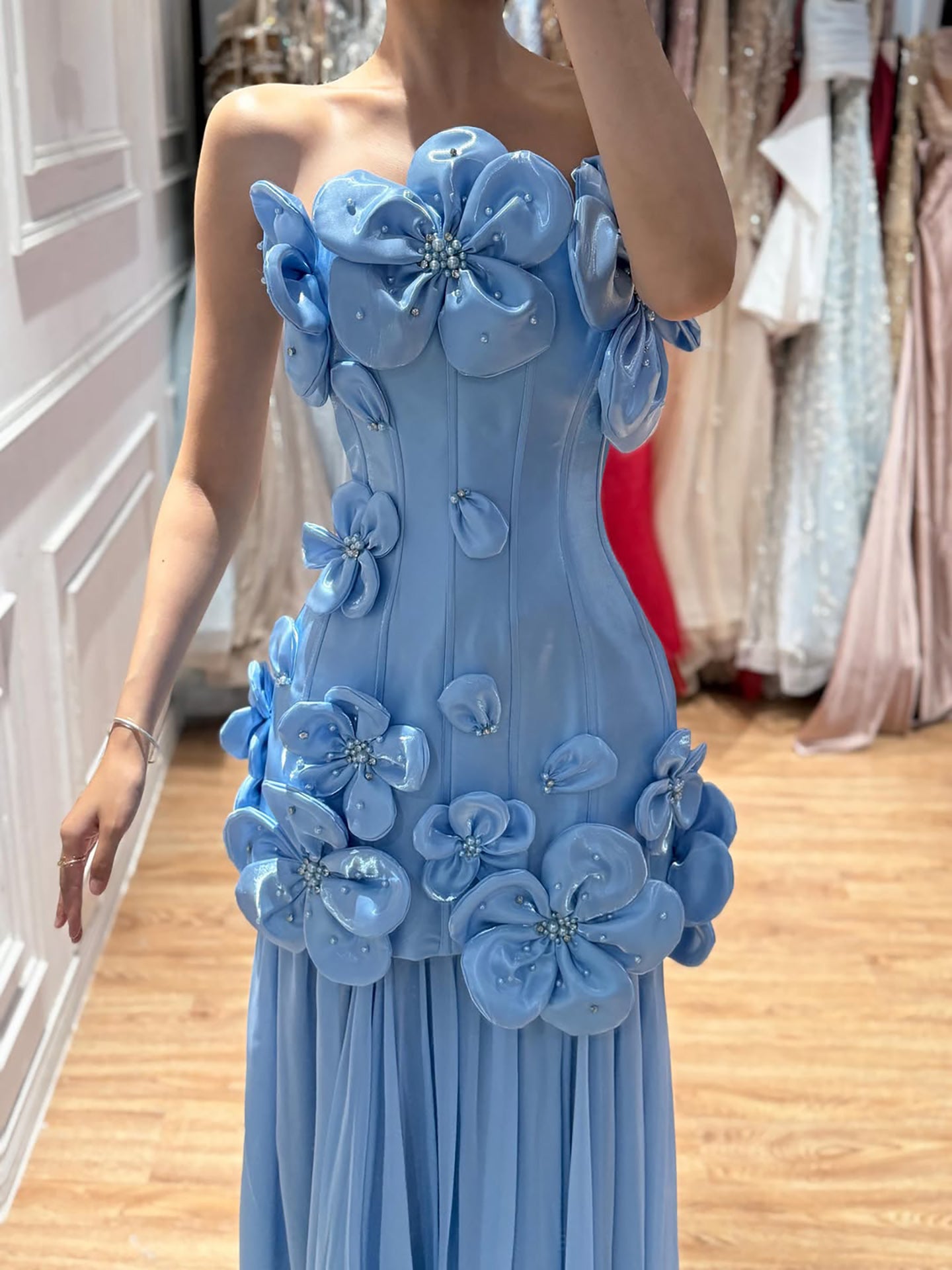 Luxury Blue Strapless 3D Flower A Line Evening Dress LA73719A SERENE HILL