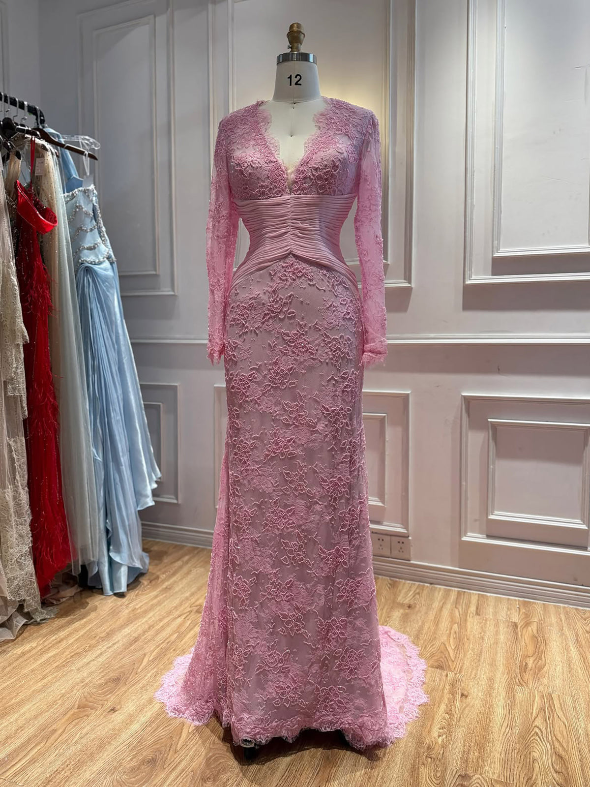 Luxury Wine Red Lace Mermaid Long Sleeve Evening Dress LA73720