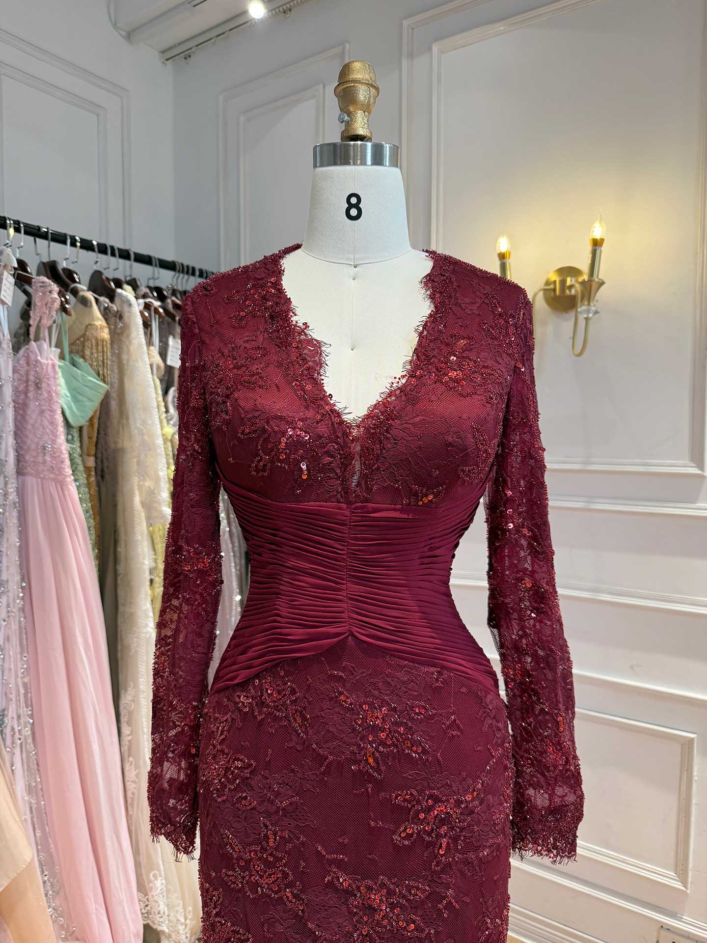 Luxury Wine Red Lace Mermaid Long Sleeve Evening Dress LA73720 SERENE HILL