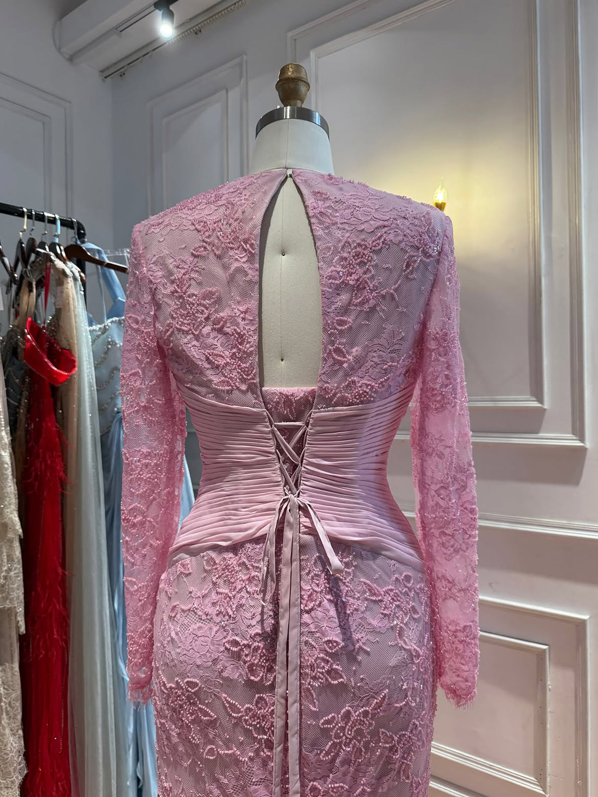 Luxury Wine Red Lace Mermaid Long Sleeve Evening Dress LA73720