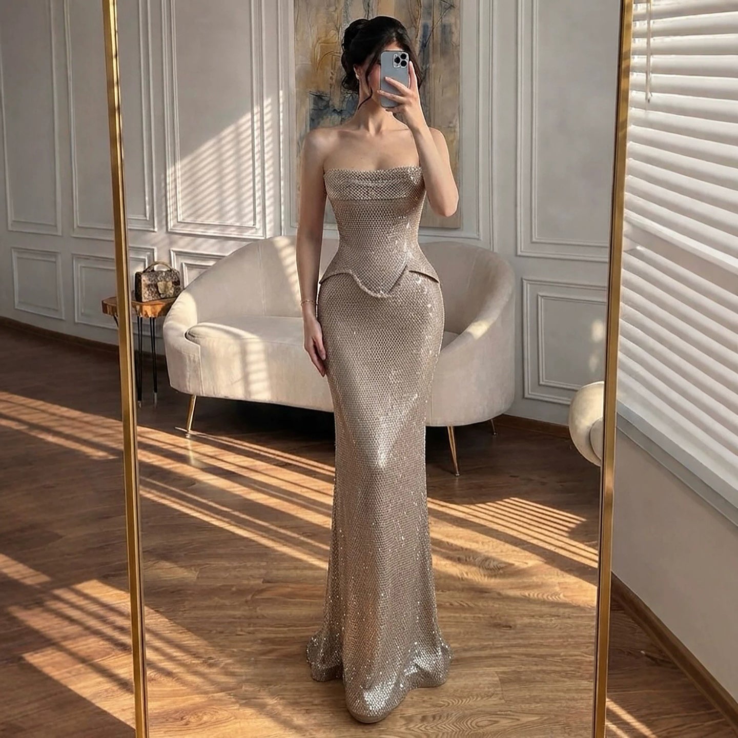 Luxury Champagne Strapless Peplum Lace Up Shimmering Mermaid Dress LA73725 Champagne / 8