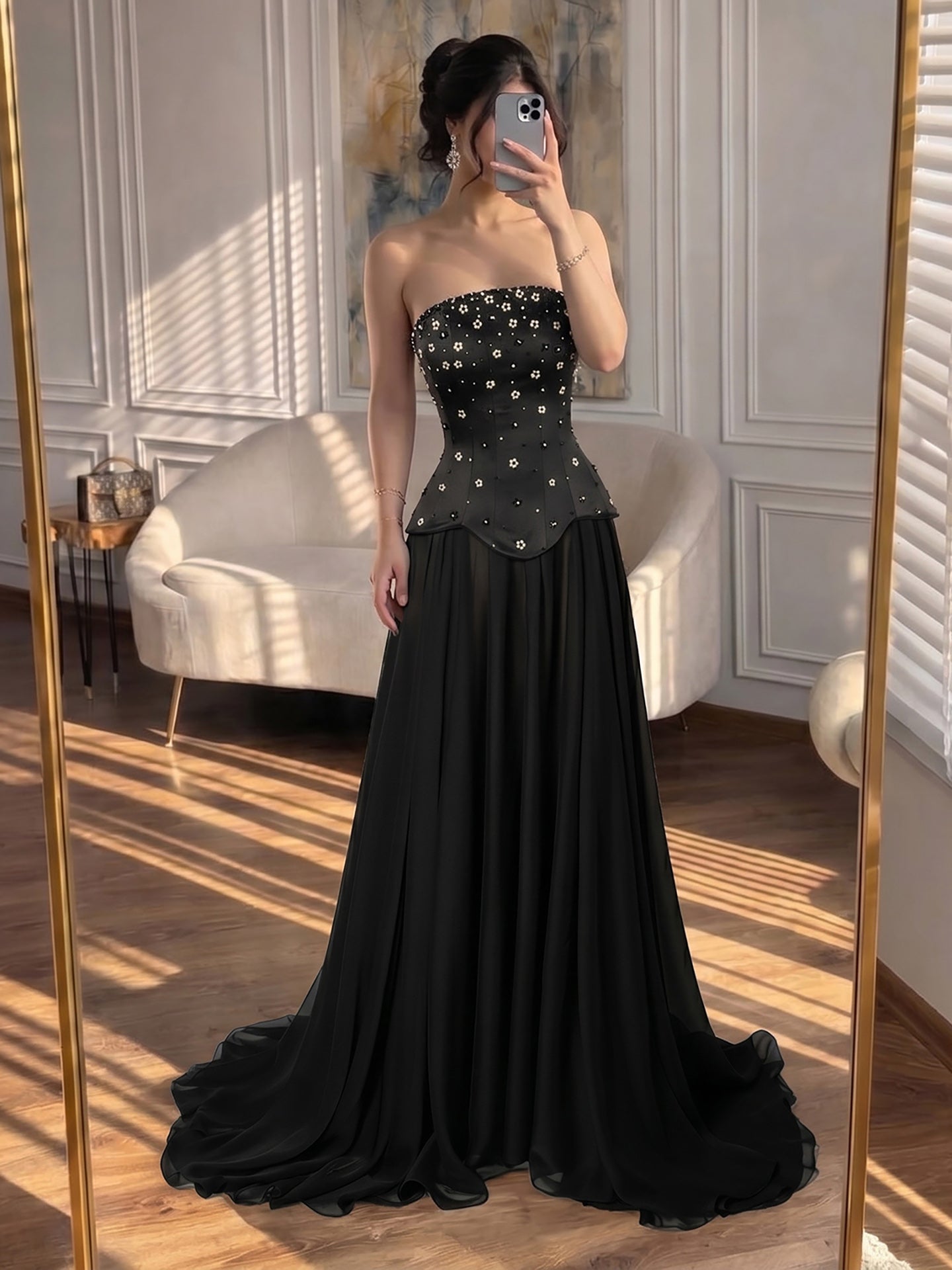 Luxury Black Chiffon Floral Beaded Strapless A Line Gown LA73728 SERENE HILL