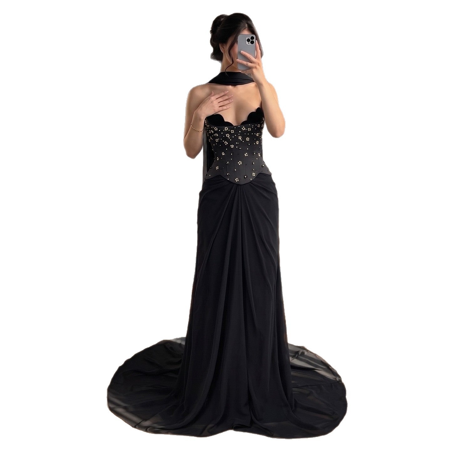 Luxury Black Chiffon Beaded Strapless A Line Evening Dress LA73728A SERENE HILL