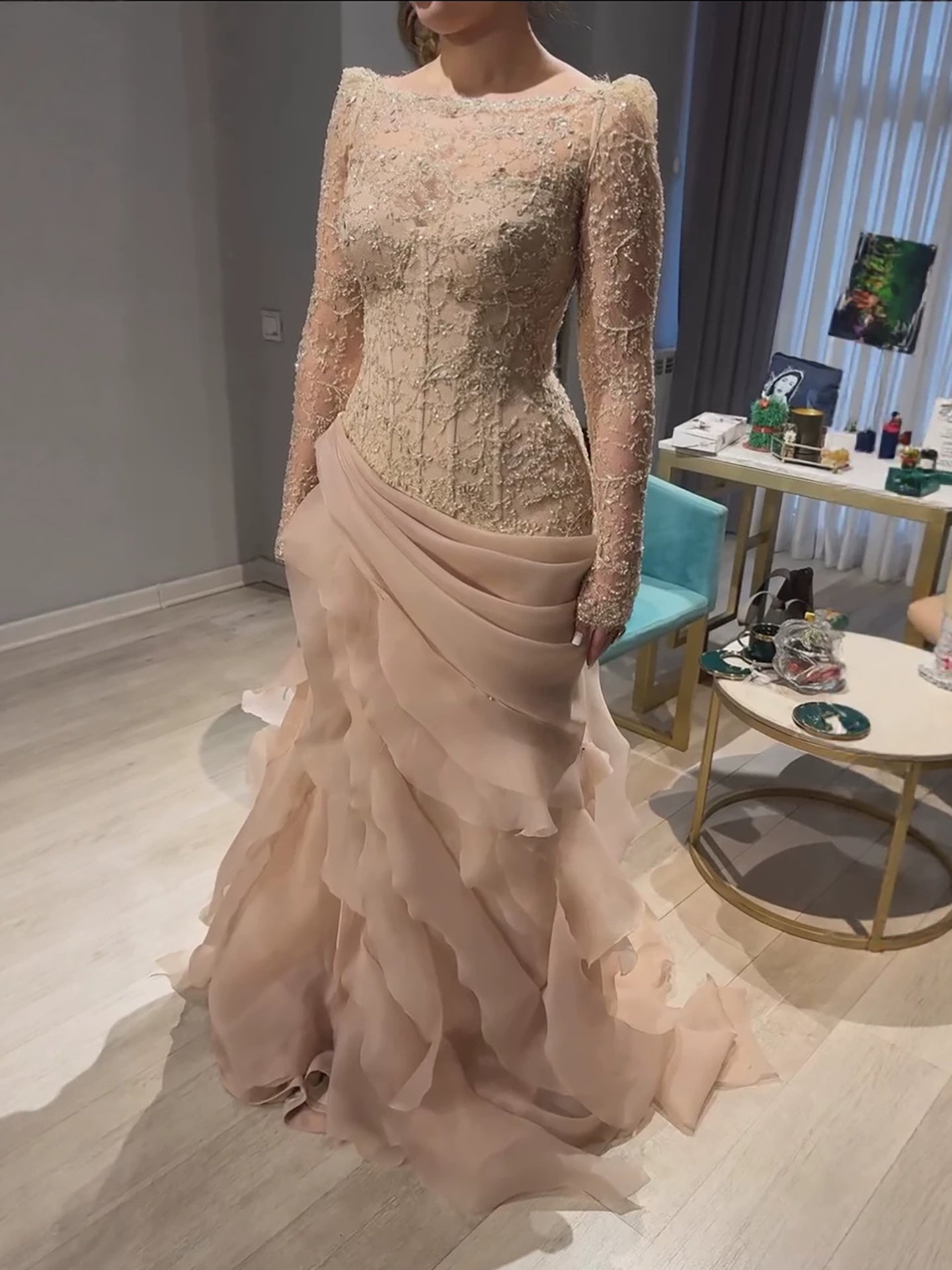 Luxury Nude Beaded Mermaid Dress with Ruffles LA73736 SERENE HILL
