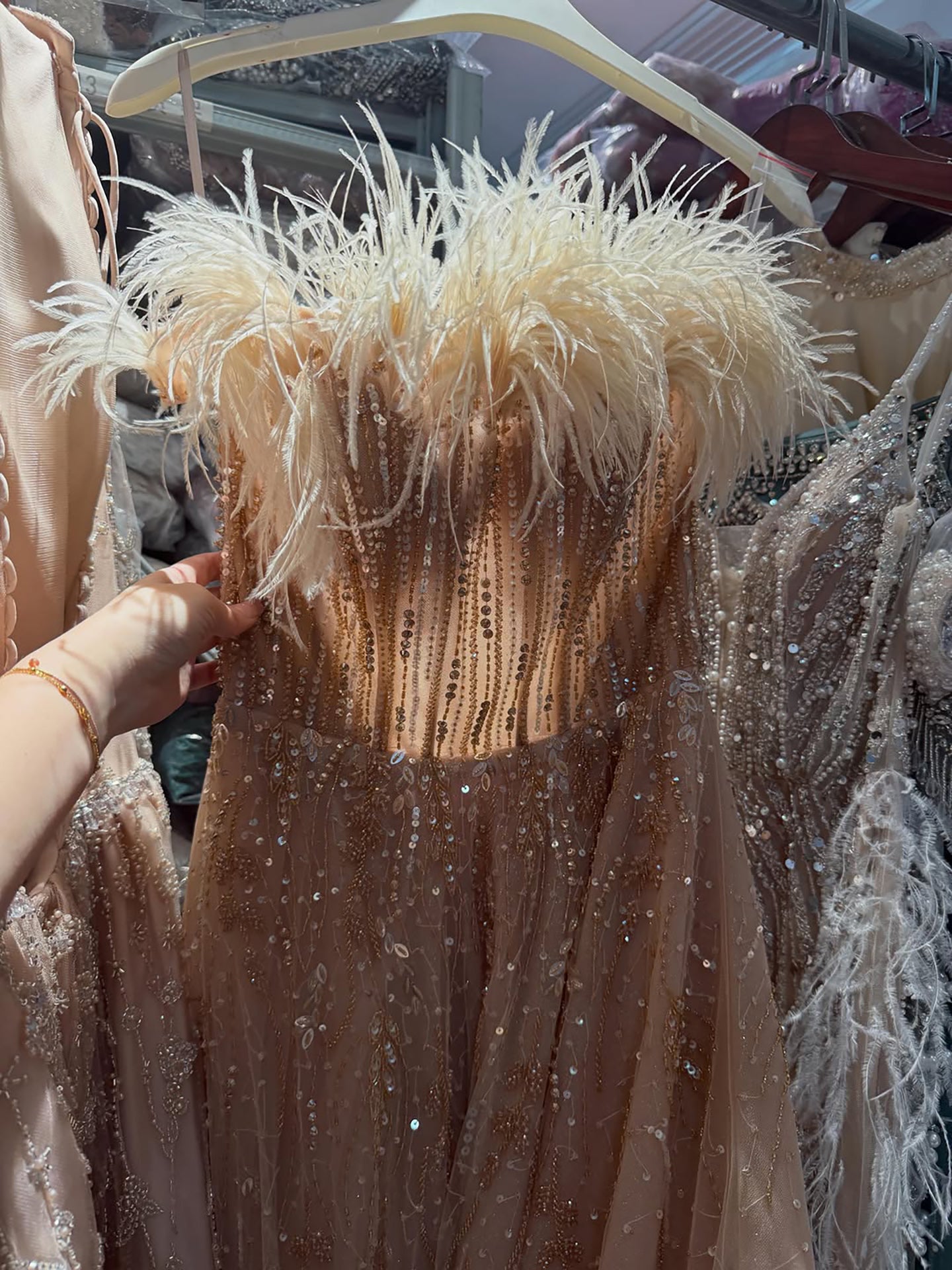 Luxury caramel Feather Beaded Off Shoulder A Line Dress LA73737 SERENE HILL
