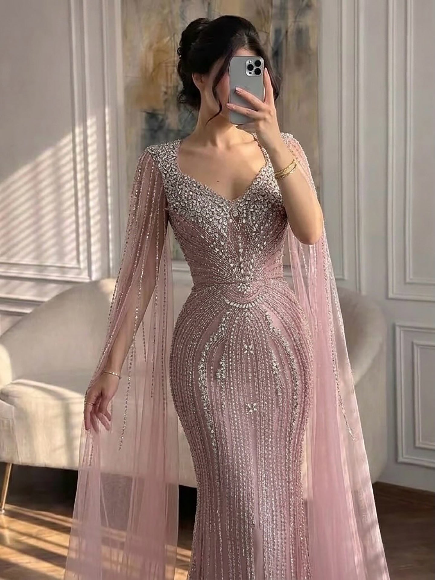 Luxury Nude Beaded Mermaid Evening Dress with Cape LA73741 SERENE HILL