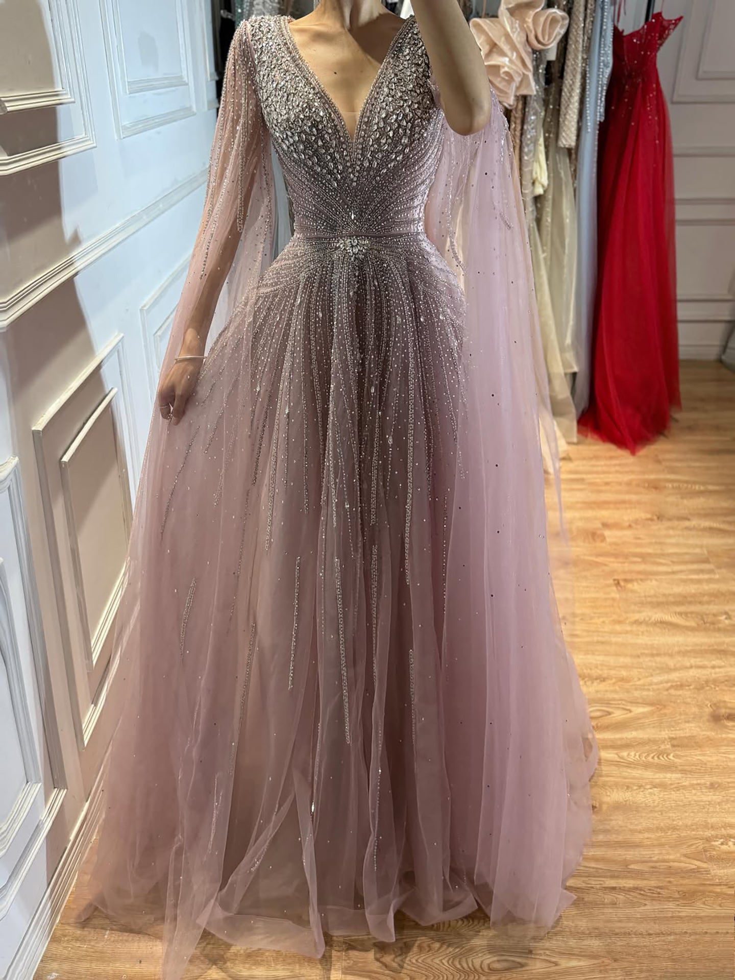 Luxury Nude Crystal Beaded A Line Dress with Cape Sleeves LA73742 SERENE HILL