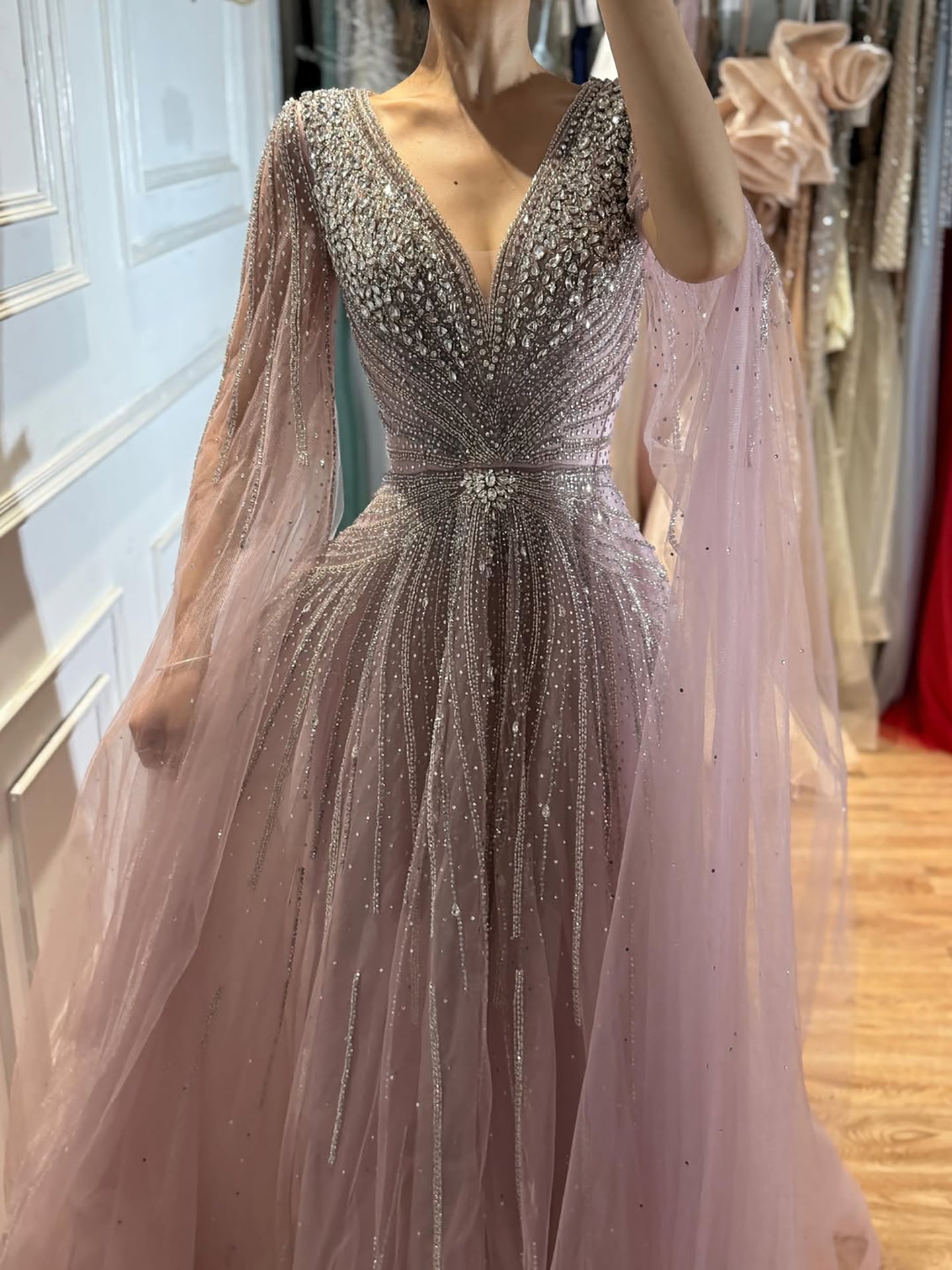 Luxury Nude Crystal Beaded A Line Dress with Cape Sleeves LA73742 SERENE HILL