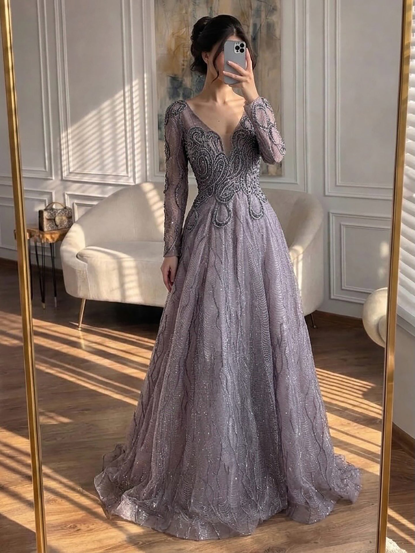Luxury Nude Beaded V Neck Long Sleeve A Line Evening Dress LA73747 SERENE HILL