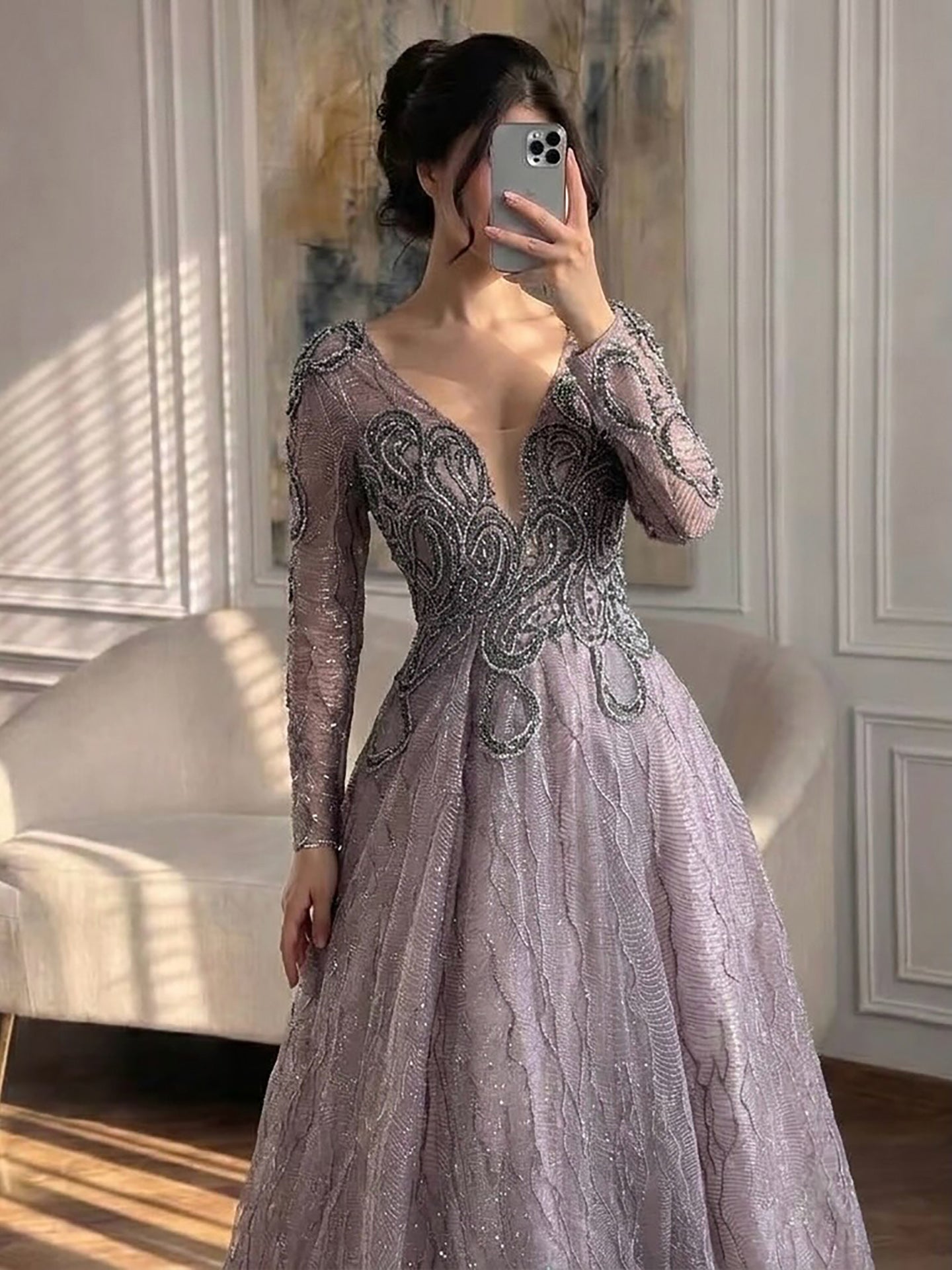 Luxury Nude Beaded V Neck Long Sleeve A Line Evening Dress LA73747 SERENE HILL