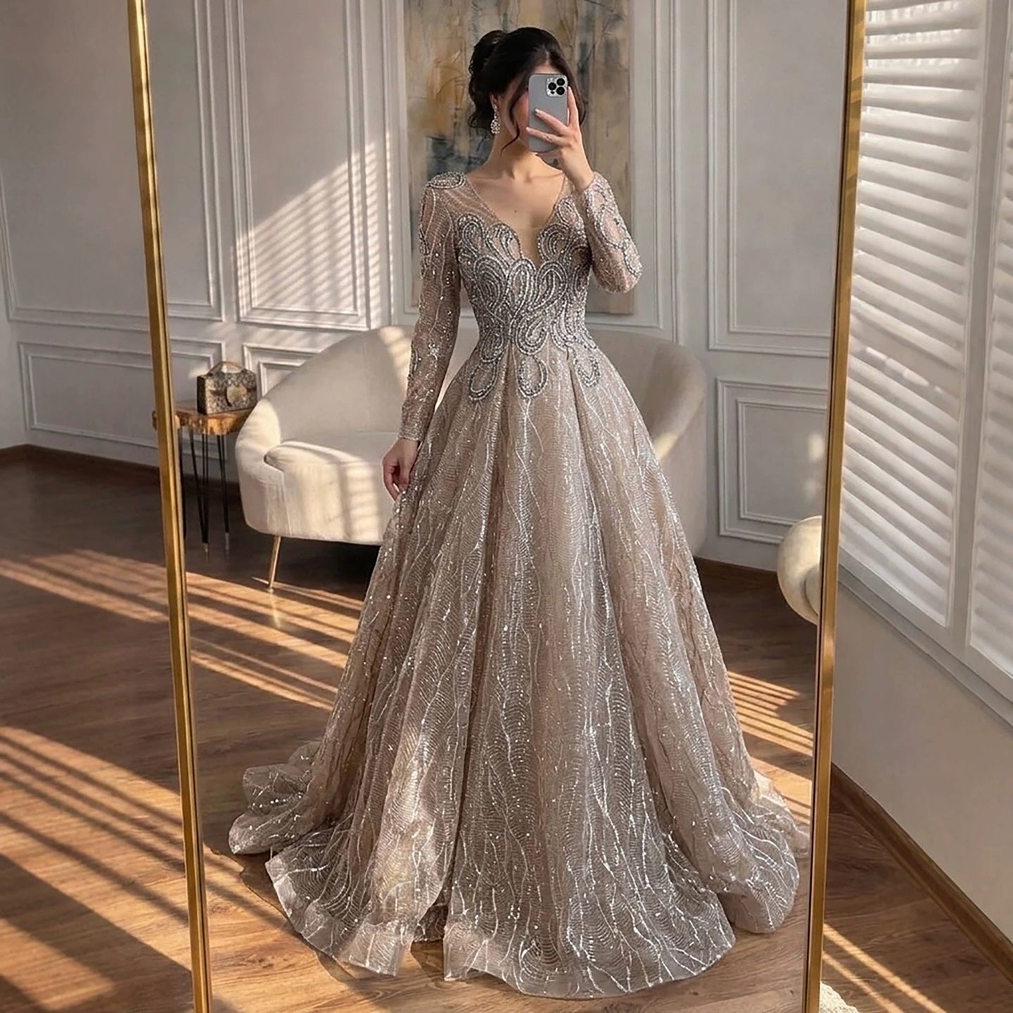 Luxury Nude Beaded V Neck Long Sleeve A Line Evening Dress LA73747 Pink / 14