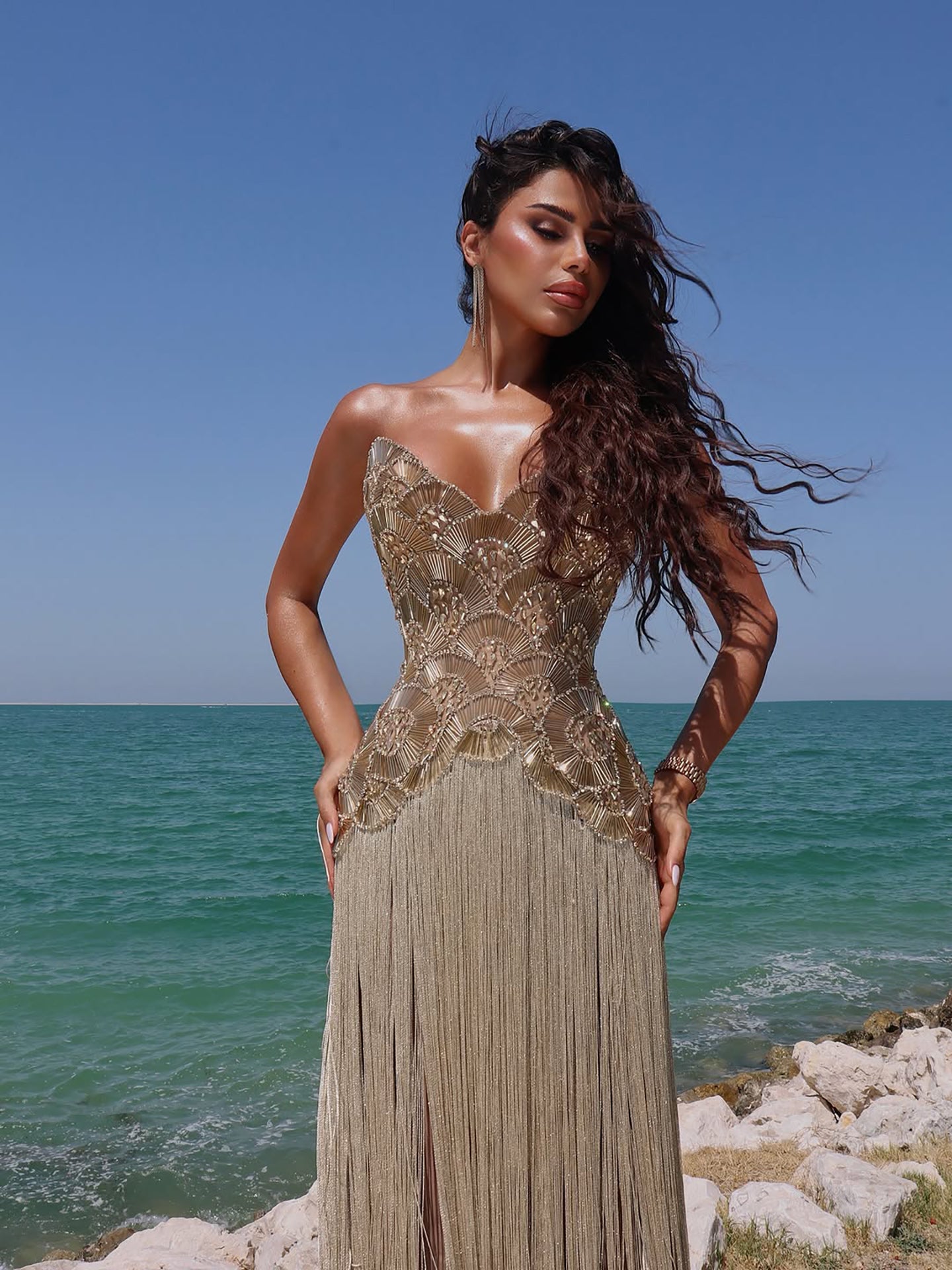 Luxury Gold Strapless Heavy Beaded Fringe Evening Dress LA73748 SERENE HILL