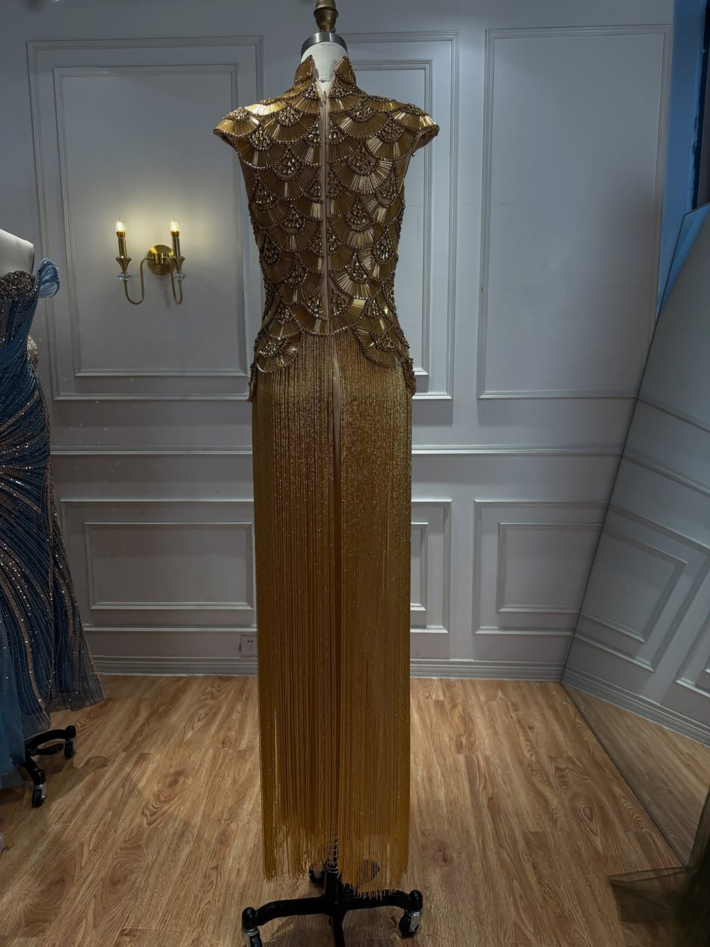 Luxury Gold Crystal Beaded Tassel High Neck Evening Dress LA73748A SERENE HILL