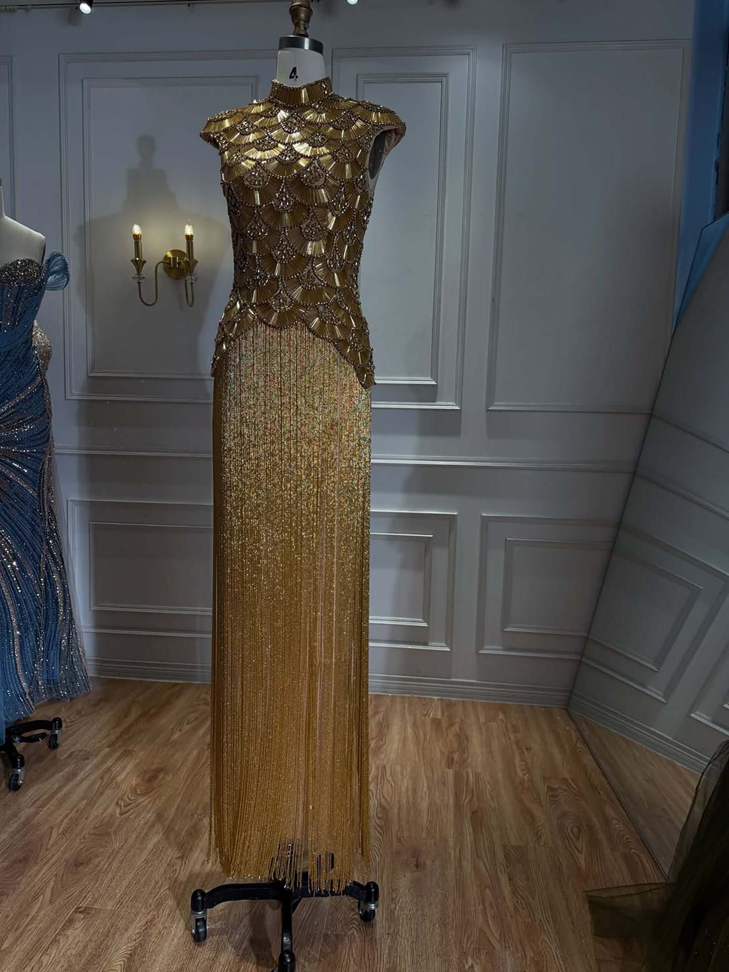 Luxury Gold Crystal Beaded Tassel High Neck Evening Dress LA73748A SERENE HILL