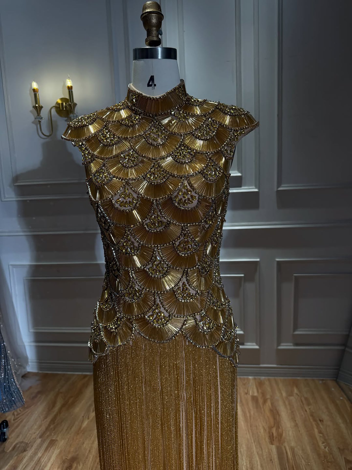 Luxury Gold Crystal Beaded Tassel High Neck Evening Dress LA73748A SERENE HILL