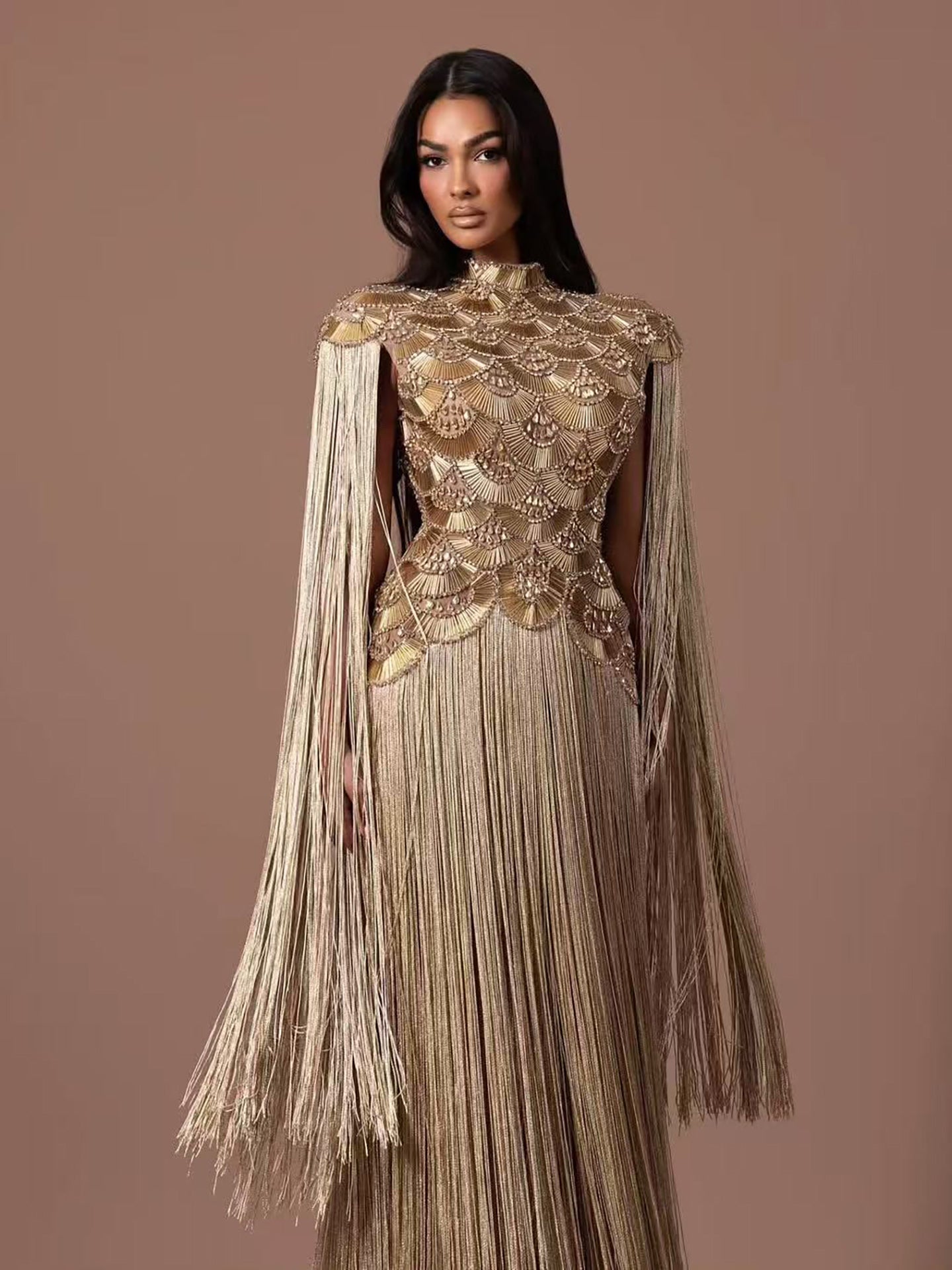 Luxury Gold Scallop Beaded High Neck Dress with Tassel Sleeves LA73748B SERENE HILL