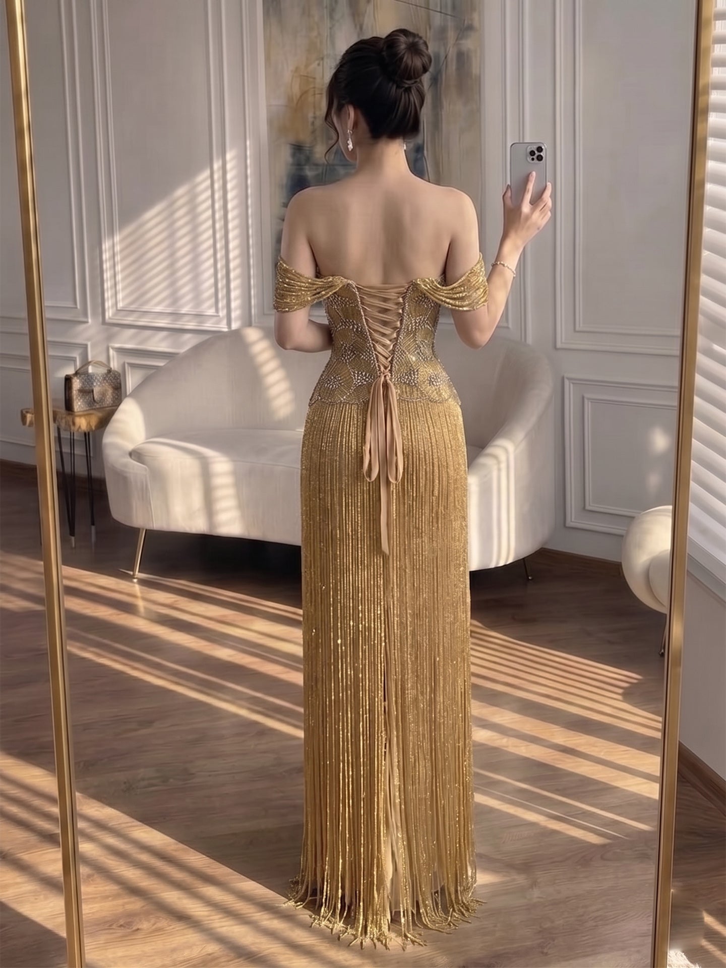Luxury Gold Off Shoulder Sweetheart Beaded Fringe Dress LA73748C SERENE HILL