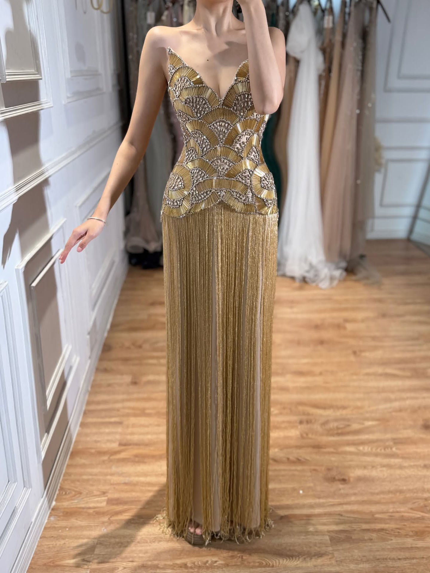 Luxury Hand Made Gold Scallop Tassel Evening Dress LA73748 SERENE HILL